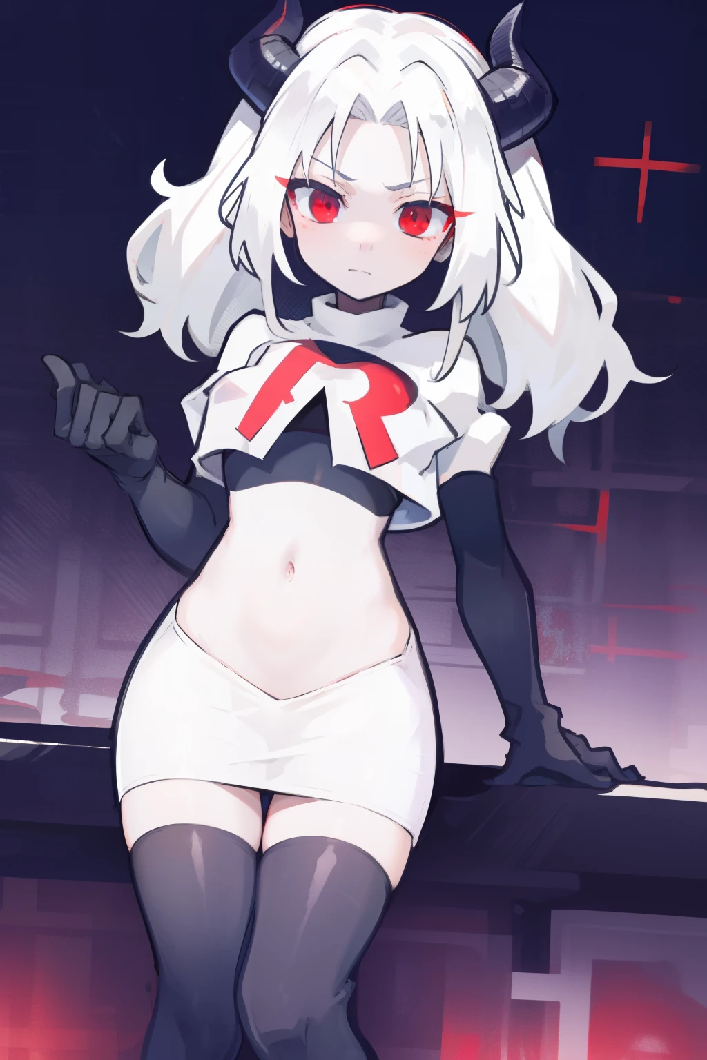 masterpiece, best quality, red eyes, white hair, twintails,ahoge,black hair ribbons,demon horns, demon tail,team rocket,team rocket uniform,white skirt,red letter R,crop top,black thigh-highs,black elbow gloves, comic strip