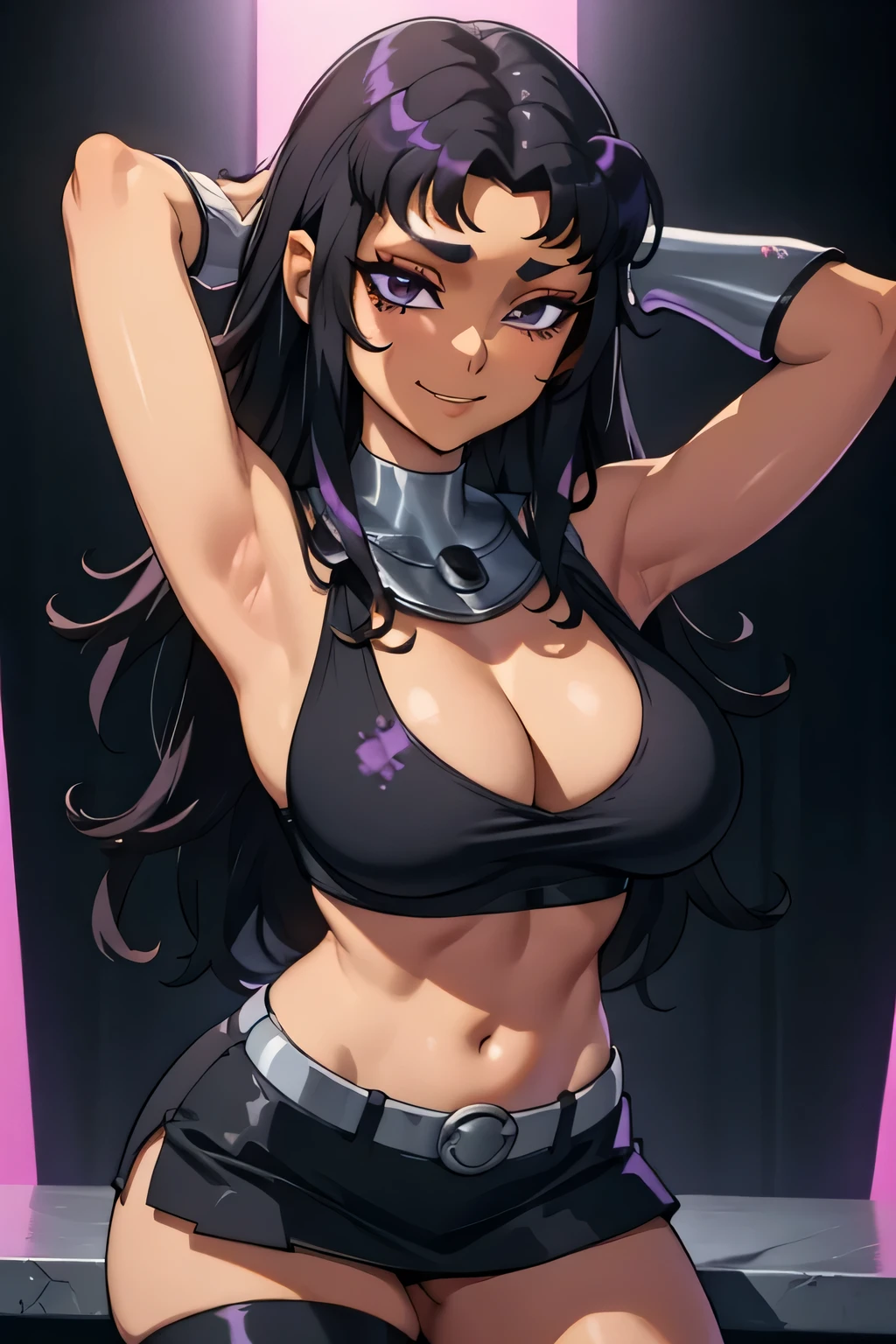 blackfire dancing in a club, long hair, black crop top, black short miniskirt, toned body, eyeshadow, heavy makeup, upperbody focus, big lips, teenager, big boobs, cleavage, thighs, smile, seductive, arms up, hands behind head, armpit,metal collar, silver vambraces,
