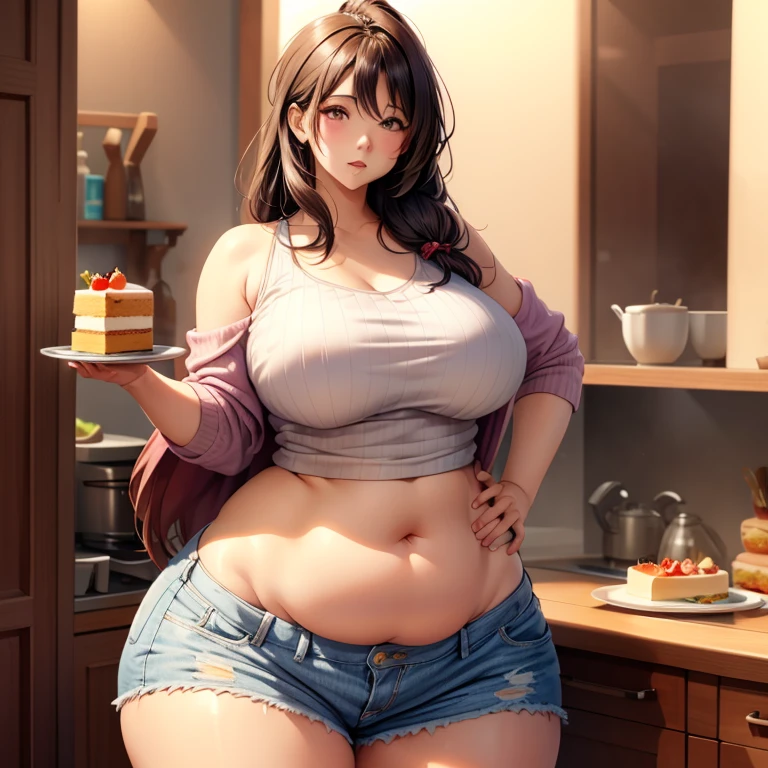 woman with a big round belly, she is blushing, one hand is on her belly, one hand hold a slice of cake, she is stuffed, she is in a cutout croptop, she is brunette, long hair, she is embarresed, there is a fridge in the background, wide hips