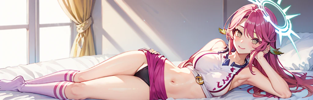jibril,1girl,alone,solo,entire body,extending one's legs,put hand on one's waist,lie on one's flank,lie on one's waist,frontal one's big breasts,put hand on one's cheek,looking at viewer,lie down on bed,anatomically correct posture,white wing,compass rose halo,[groin],panty,shiny skin,lanky,wear pink legwears,eyes widen,shy,smile,gradetion hair