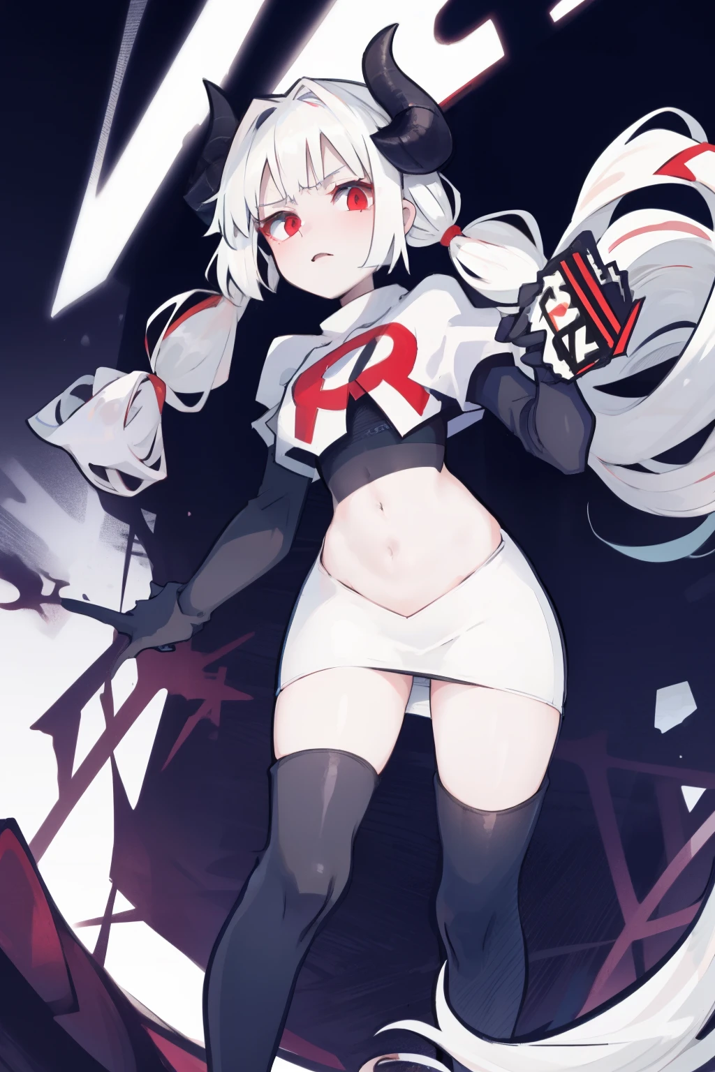 masterpiece, best quality, red eyes, white hair, twintails,ahoge,black hair ribbons,demon horns, demon tail,team rocket,team rocket uniform,white skirt,red letter R,crop top,black thigh-highs,black elbow gloves, comic strip