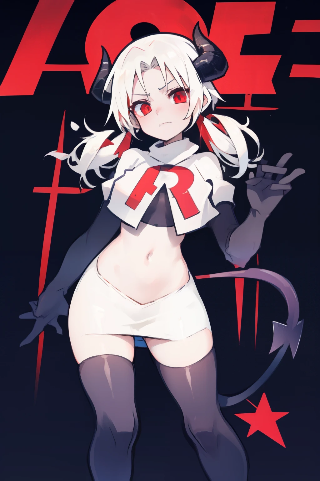 masterpiece, best quality, red eyes, white hair, twintails,ahoge,black hair ribbons,demon horns, demon tail,team rocket,team rocket uniform,white skirt,red letter R,crop top,black thigh-highs,black elbow gloves, comic strip
