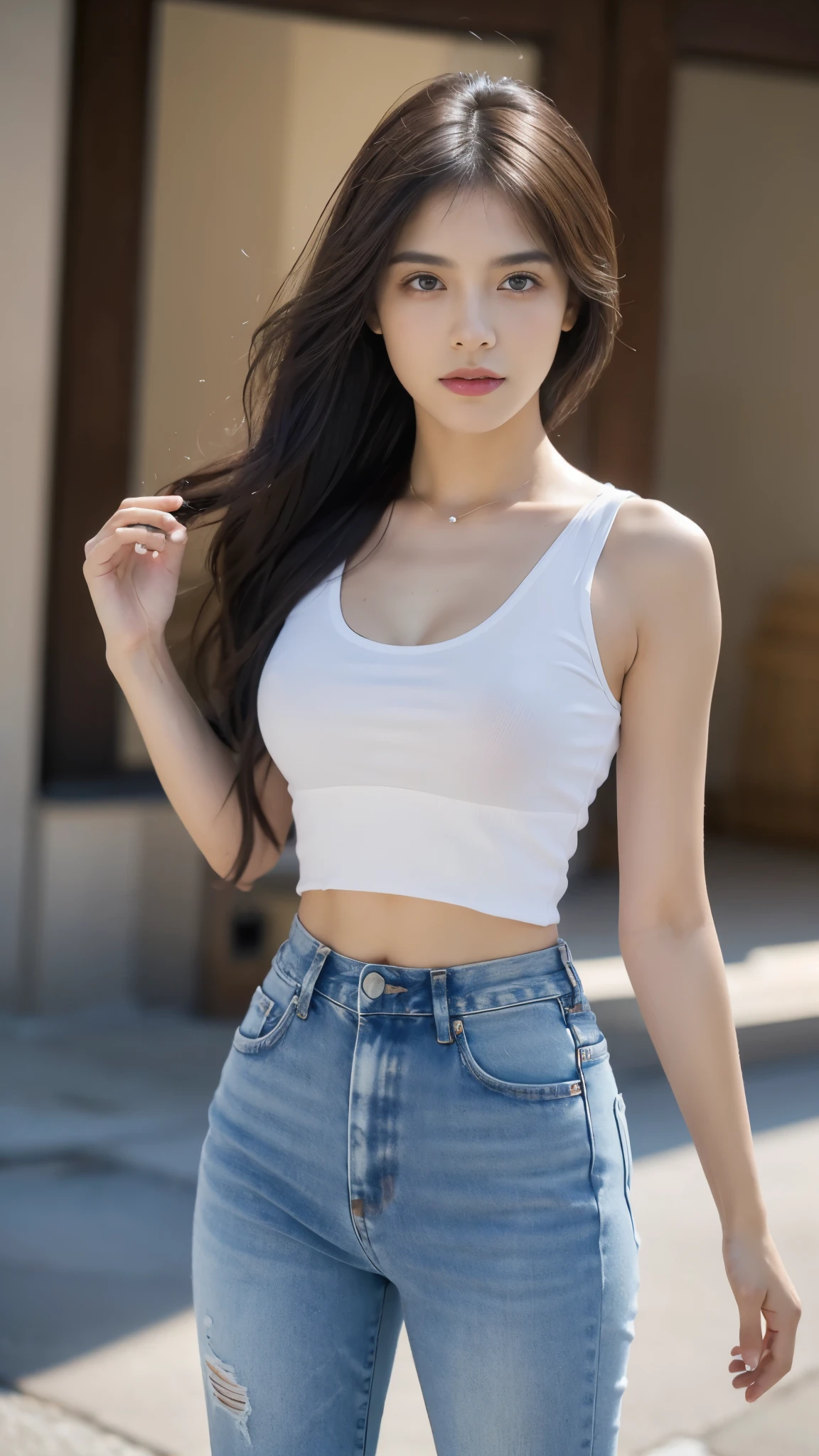 Obra maestra, La mejor calidad, ultrahigh resolution, Foto de alto detalle, Unidad 8K Fondo de pantalla, CG extremadamente detallado:1.2),(Foto RAW,:1.realistic photography:1.4), 1girll , joven, physically based representation, Lindo, (Cara finamente detallada:1.4, Ropa detallada), (Detallado:1.4) Cara hermosa, Profundidad de campo, Agregar capa, hiperrealista, 27 years old, Modelo de cuerpo perfecto, senos perfectos, 175cm de altura, pose , cuerpo completo, Tipo de cuerpo del modelo, white crop top, blue jean, Cabello largo, Eimi Fuka doble parpado,