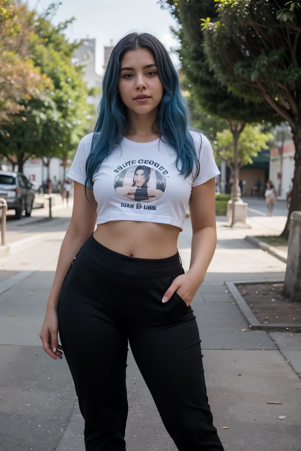 22 year old blue hair model, se encuentra vistiendo una camiseta negra sin logos, y pantalones de yoga rosas, morena, debe tener un cuerpo gordo y verse como una mujer fea, mexicana, from Mexico City, foto casual sin enfoque en el parque, 