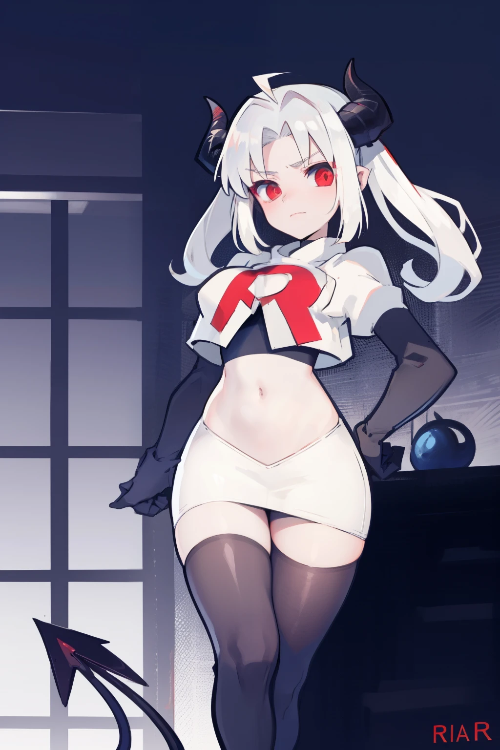 masterpiece, best quality, red eyes, white hair, twintails,ahoge,black hair ribbons,demon horns, demon tail,team rocket,team rocket uniform,white skirt,red letter R,crop top,black thigh-highs,black elbow gloves, comic strip