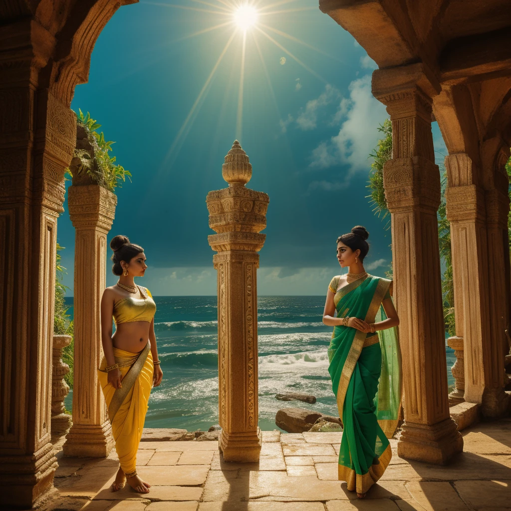 32k, luminous very detailed, lifelike green eyes, intricate patterns, ultra realistic details, beautiful ancient indian female and handsome brahman standing together, elaborate hair buns, black hair, gold and jeweled ornaments in hair, floating, windy, messy hair, silk red, green, gold, elaborate sari, long legs, serene facial expression, very detailed, difficult, masterpiece, high quality, detailed cores, Visakhapatnam, india, ancient indian ruins, lush greenery, shafts of light from sky, breathtaking beauty, pure perfection, divine cinematographic, full body shot, rough seas, large ocean waves, mythical,
