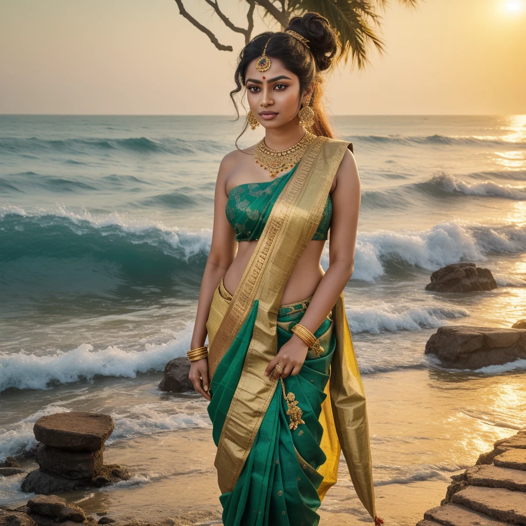 32k, luminous very detailed, lifelike green eyes, intricate patterns, ultra realistic details, beautiful ancient indian female and handsome brahman standing together, elaborate hair buns, black hair, gold and jeweled ornaments in hair, floating, windy, messy hair, silk red, green, gold, elaborate sari, long legs, serene facial expression, very detailed, difficult, masterpiece, high quality, detailed cores, Visakhapatnam, india, ancient indian ruins, lush greenery, shafts of light from sky, breathtaking beauty, pure perfection, divine cinematographic, full body shot, rough seas, large ocean waves, mythical,