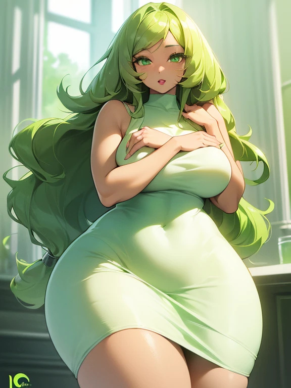 (((Light Skin Woman))),(((Light green, long hair without bangs))),(((curvy body))),(((Lime green eyes))),(((Alone))),(((beautiful dress))),(((Alone)))