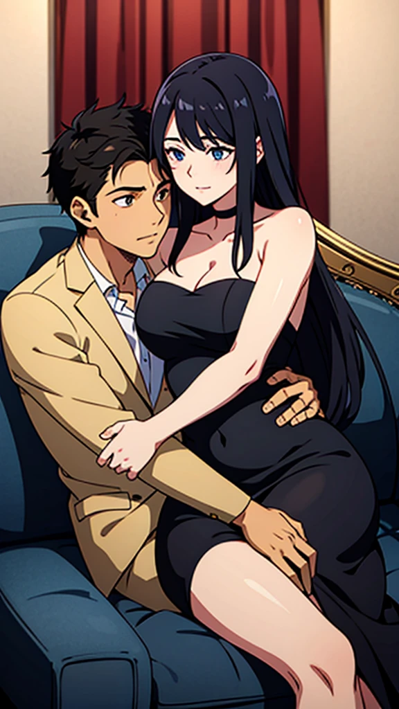 A handsome boy with black hair in a suit Hugging a girl with long black hair in her arms wearing a bare shoulder black bandeau dress as the both lie on the sofa