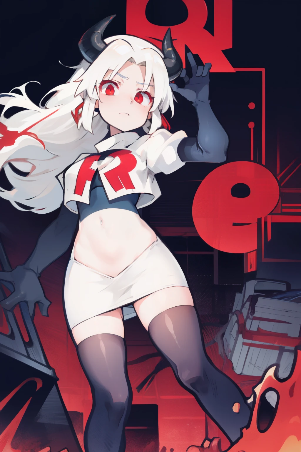 masterpiece, best quality, red eyes, white hair, twintails,ahoge,black hair ribbons,demon horns, demon tail,team rocket,team rocket uniform,white skirt,red letter R,crop top,black thigh-highs,black elbow gloves, comic strip