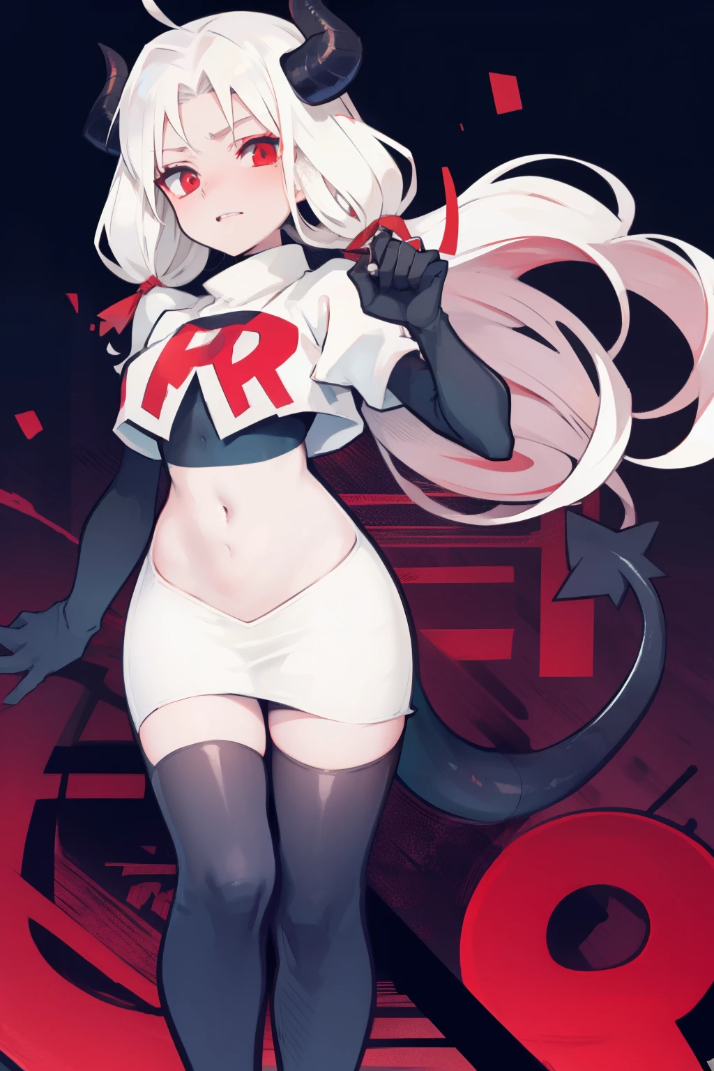 masterpiece, best quality, red eyes, white hair, twintails,ahoge,black hair ribbons,demon horns, demon tail,team rocket,team rocket uniform,white skirt,red letter R,crop top,black thigh-highs,black elbow gloves, comic ?????
