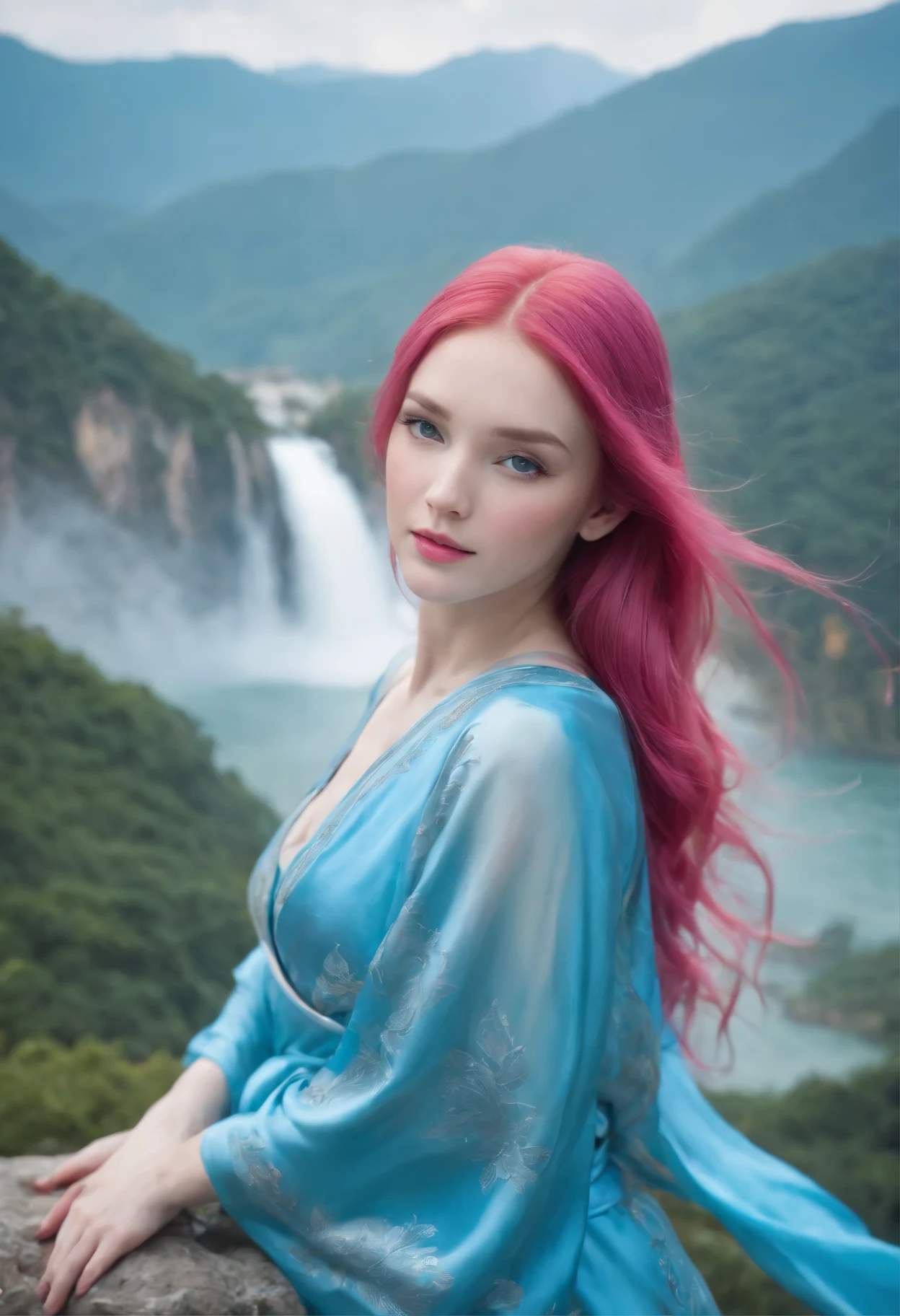 1girl, goddess, slender, petite, with long flowing pink hair, pale skin, beautiful face, bright blue eyes, dressed in a flowing blue silk kimono, glowing with bright pink aura of energy, standing on top of a mountain temple, floating islands, waterfalls,