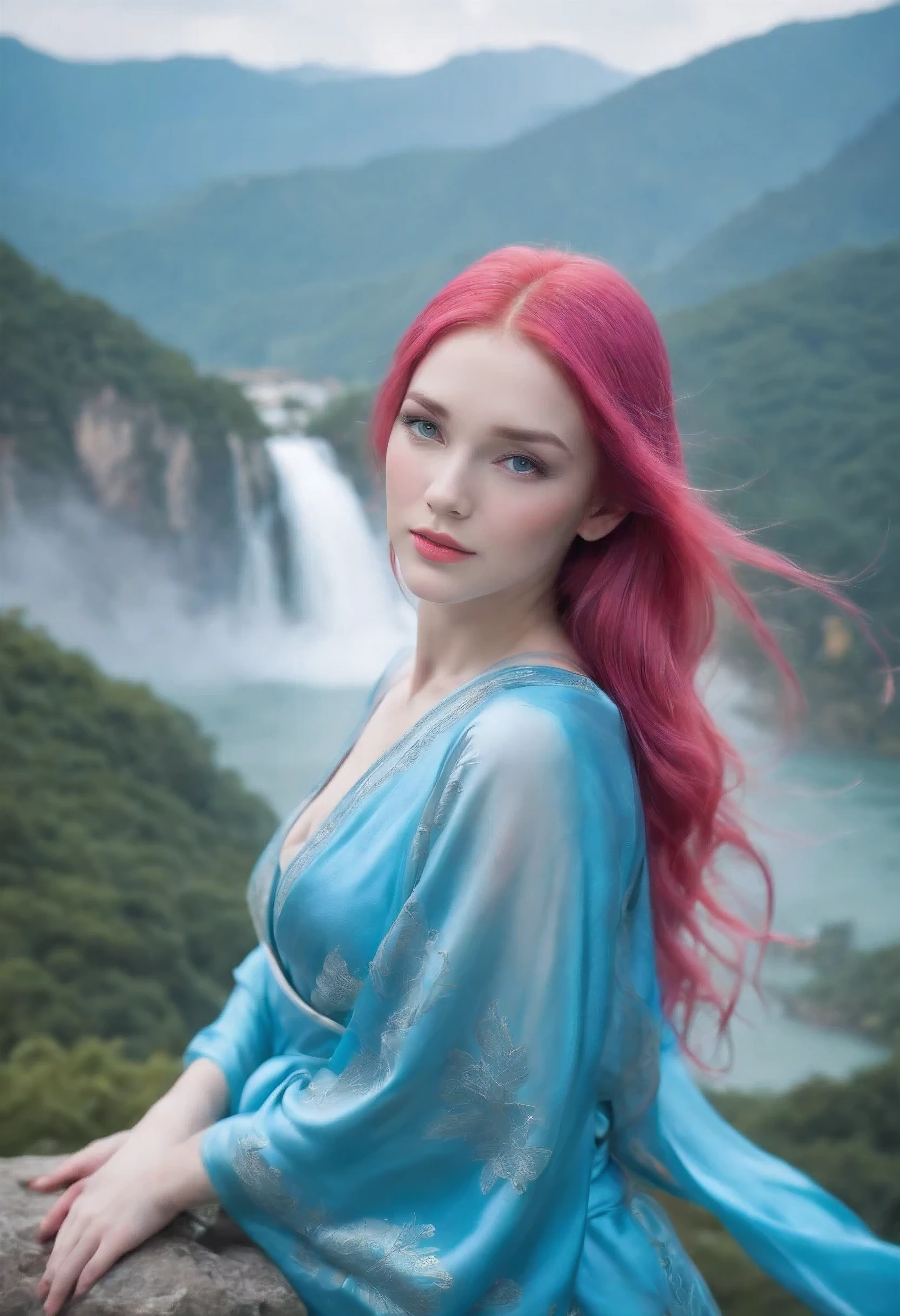 1girl, goddess, slender, petite, with long flowing pink hair, pale skin, beautiful face, bright blue eyes, dressed in a flowing blue silk kimono, glowing with bright pink aura of energy, standing on top of a mountain temple, floating islands, waterfalls,