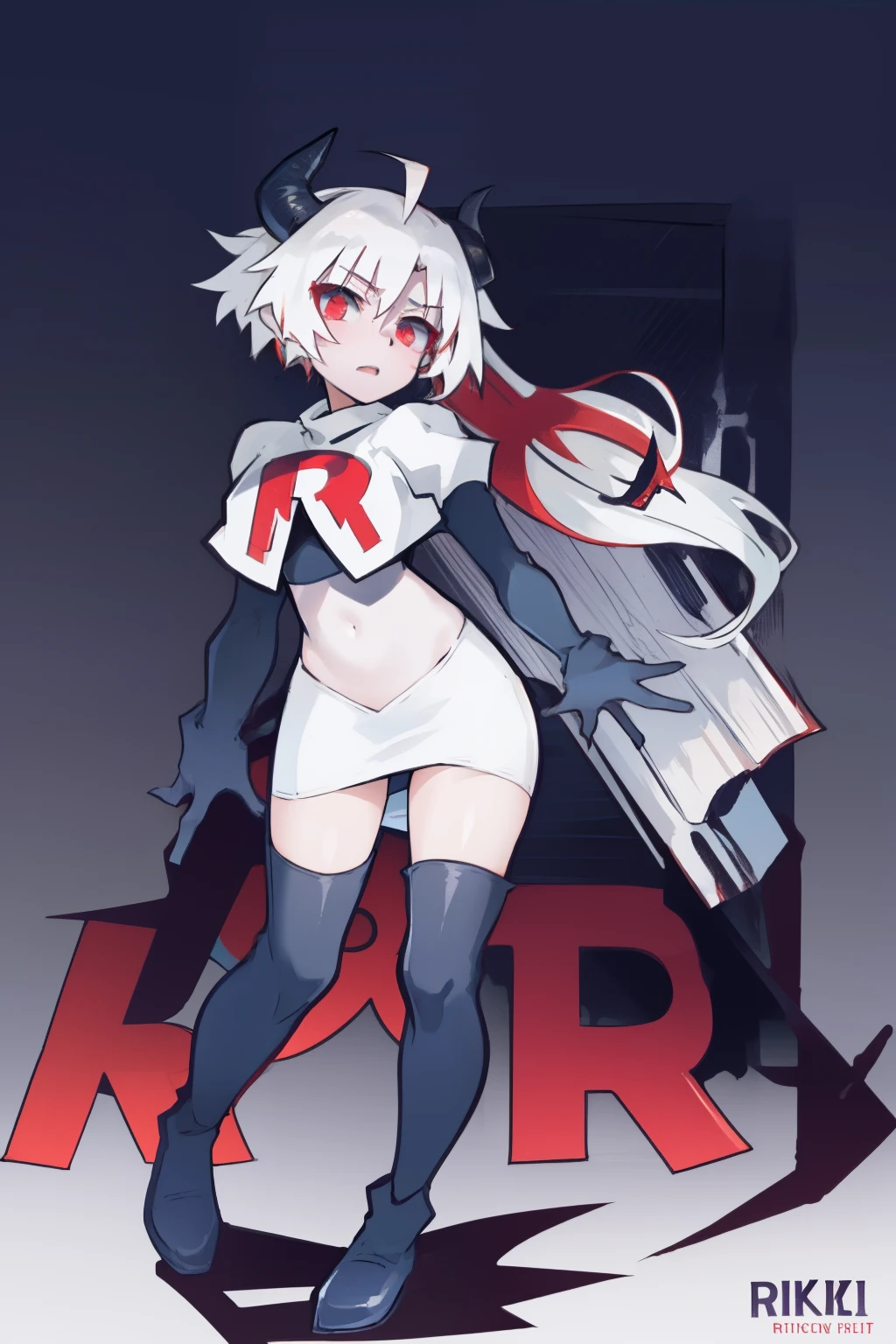 masterpiece, best quality, red eyes, white hair, twintails,ahoge,black hair ribbons,demon horns, demon tail,team rocket,team rocket uniform,white skirt,red letter R,crop top,black thigh-highs,black elbow gloves, comic strip
