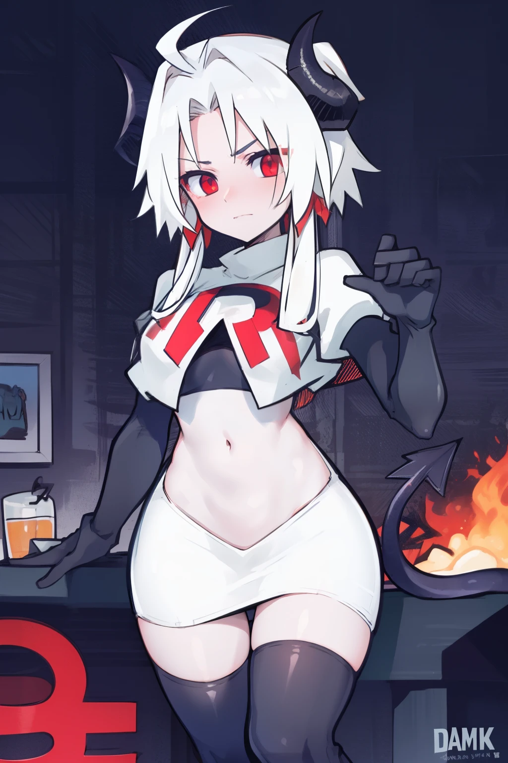 masterpiece, best quality, red eyes, white hair, twintails,ahoge,black hair ribbons,demon horns, demon tail,team rocket,team rocket uniform,white skirt,red letter R,crop top,black thigh-highs,black elbow gloves, comic strip