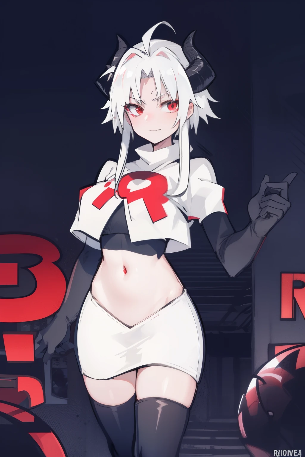 masterpiece, best quality, red eyes, white hair, twintails,ahoge,black hair ribbons,demon horns, demon tail,team rocket,team rocket uniform,white skirt,red letter R,crop top,black thigh-highs,black elbow gloves, comic strip