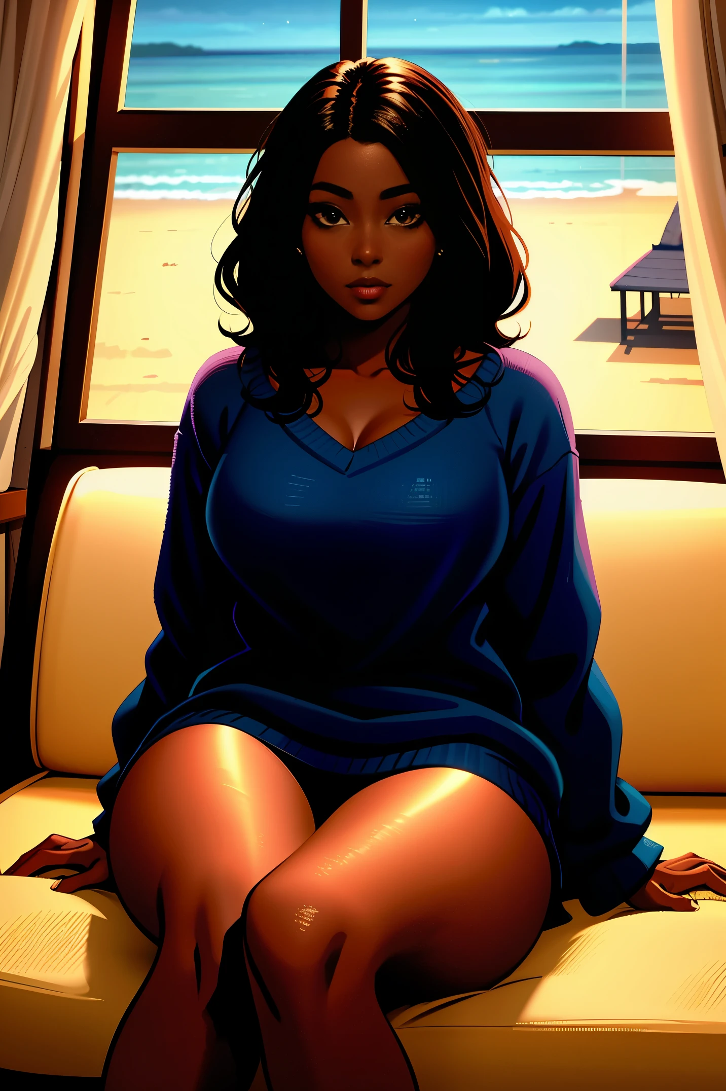 Dark skin ebony young woman in an fuzzy shirt, clearly defined brown eyes, sitting one a sofa, 1girl, near a window with a view of a picturesque beach 