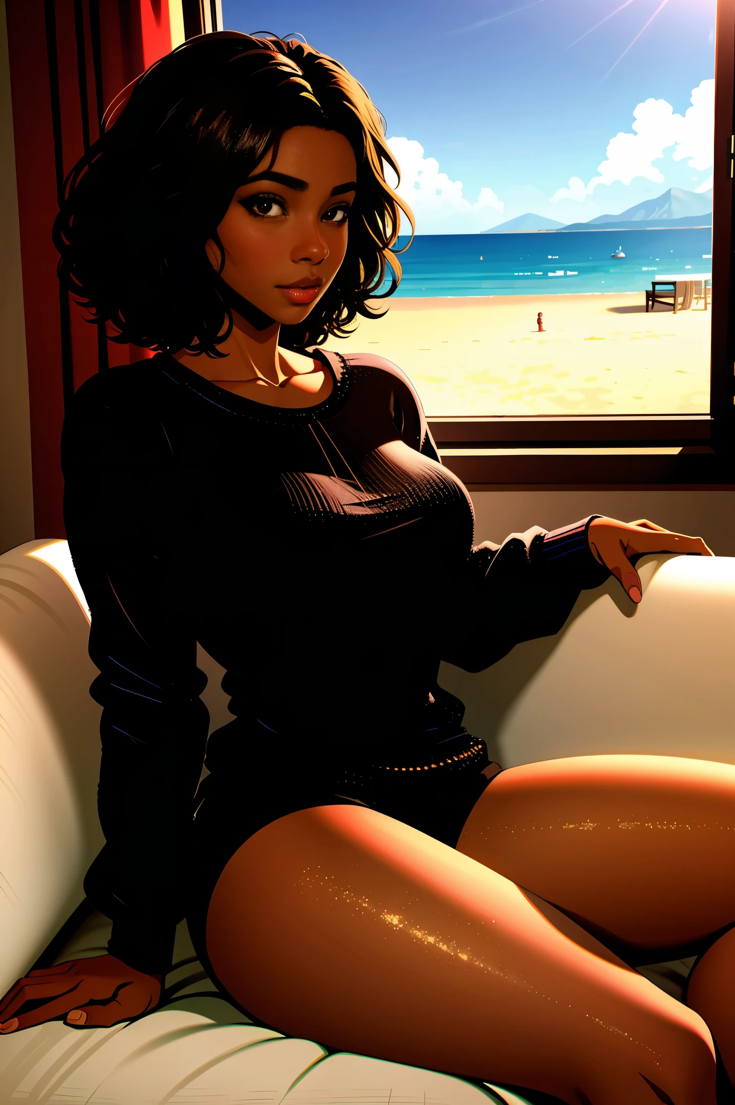 Dark skin ebony young woman in an fuzzy shirt, clearly defined brown eyes, sitting one a sofa, 1girl, near a window with a view of a picturesque beach 