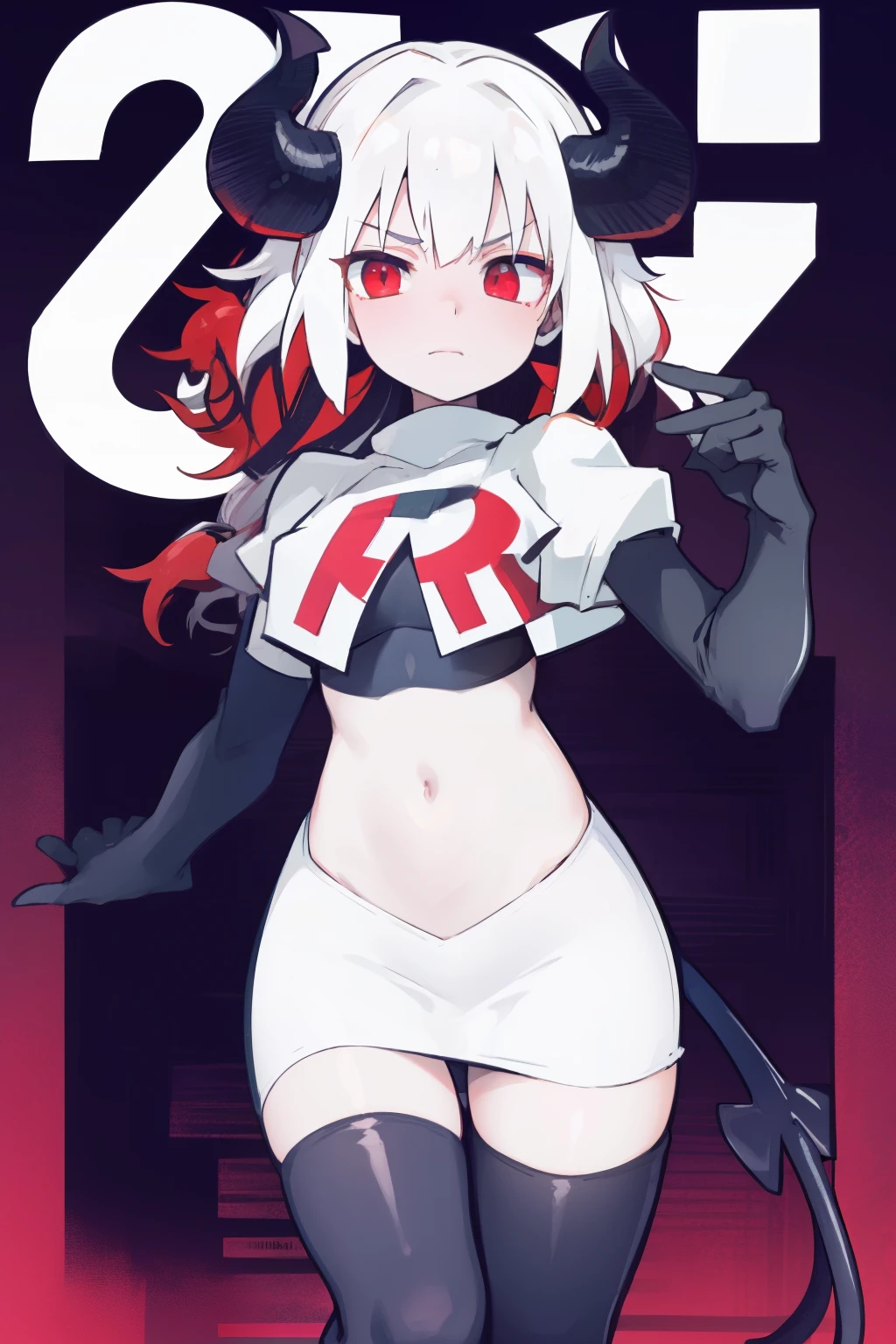 masterpiece, best quality, red eyes, white hair, twintails,ahoge,black hair ribbons,demon horns, demon tail,team rocket,team rocket uniform,white skirt,red letter R,crop top,black thigh-highs,black elbow gloves, comic strip