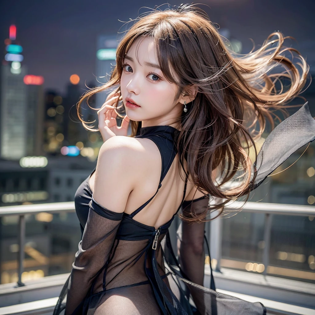 Generate images of seductive young woman in photorealistic style, Capture in 8K resolution, Similar to the exquisite beauty of Korean actress Park Kyu-young. In this image, She has her back to the camera, And her hands are spread wide. Her features are impressive, and Large, Expressive eyes, small mouth, and a straight nose that gives her a doll-like look. She has a loose fluffy short bob haircut that dances in the wind. Background rooftop overlooking futuristic cityscape at night, Hair shakes dramatically in strong winds. This perspective shows only her back and upper body, Creating an air of mystery and charm. The focus 、Should consist in capturing the wind-blown hair and the curves of her back and shoulders. Make sure the final image in a photorealistic style, Emphasis on every detail, From the flow of her hair to the subtle contours of her back and arms, As well as the presence of motorcycles.