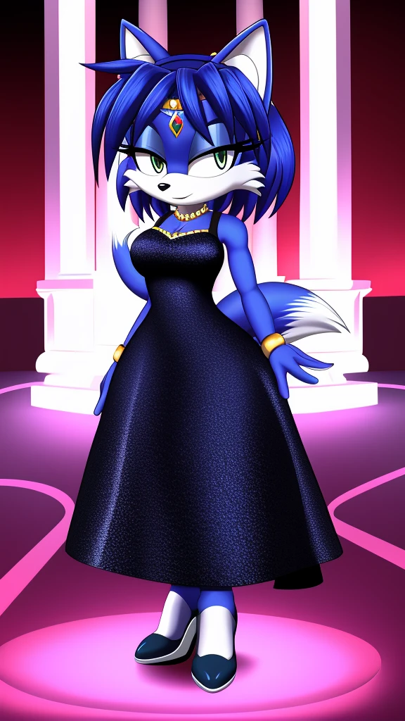 Krystal the Fox in a long black dress, blackdr3ss, standing up, white high heels, 2D illustration, ballroom background.