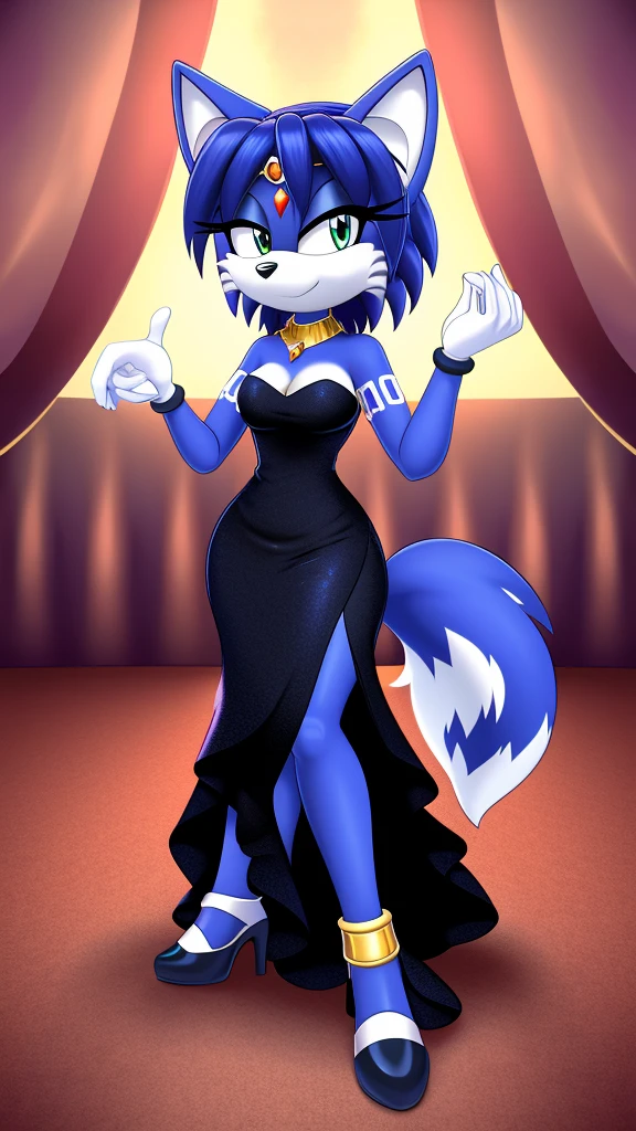 Krystal the Fox in a long black dress, blackdr3ss, standing up, white high heels, 2D illustration, ballroom background.