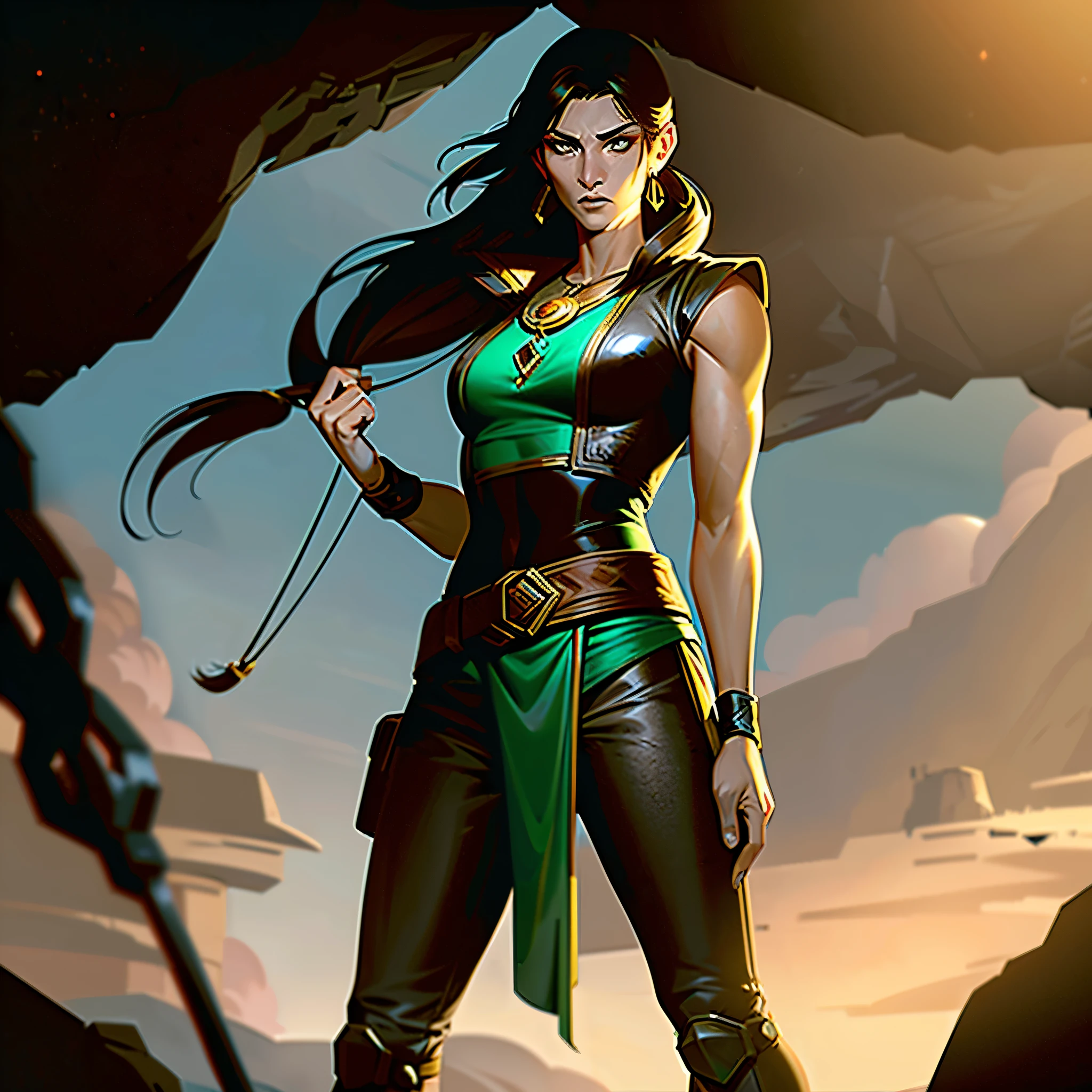 Khali is a female archer who wears a leather vest, pants, and boots, and a green cloak. She has long black hair and brown eyes, and carries a bow and a quiver of arrows on her back. She also wears a necklace with a sun-shaped pendant. She is standing in a dark and dangerous cave, holding a flare that illuminates her surroundings. She looks confident and adventurous, ready to explore the unknown and uncover the secrets of the hidden sun.