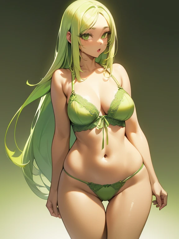 (((Light Skin Woman))),(((Light green, long hair without bangs))),(((curvy body))),(((Lime green eyes))),(((Alone))),(((beautiful lingerie))),(((Alone)))