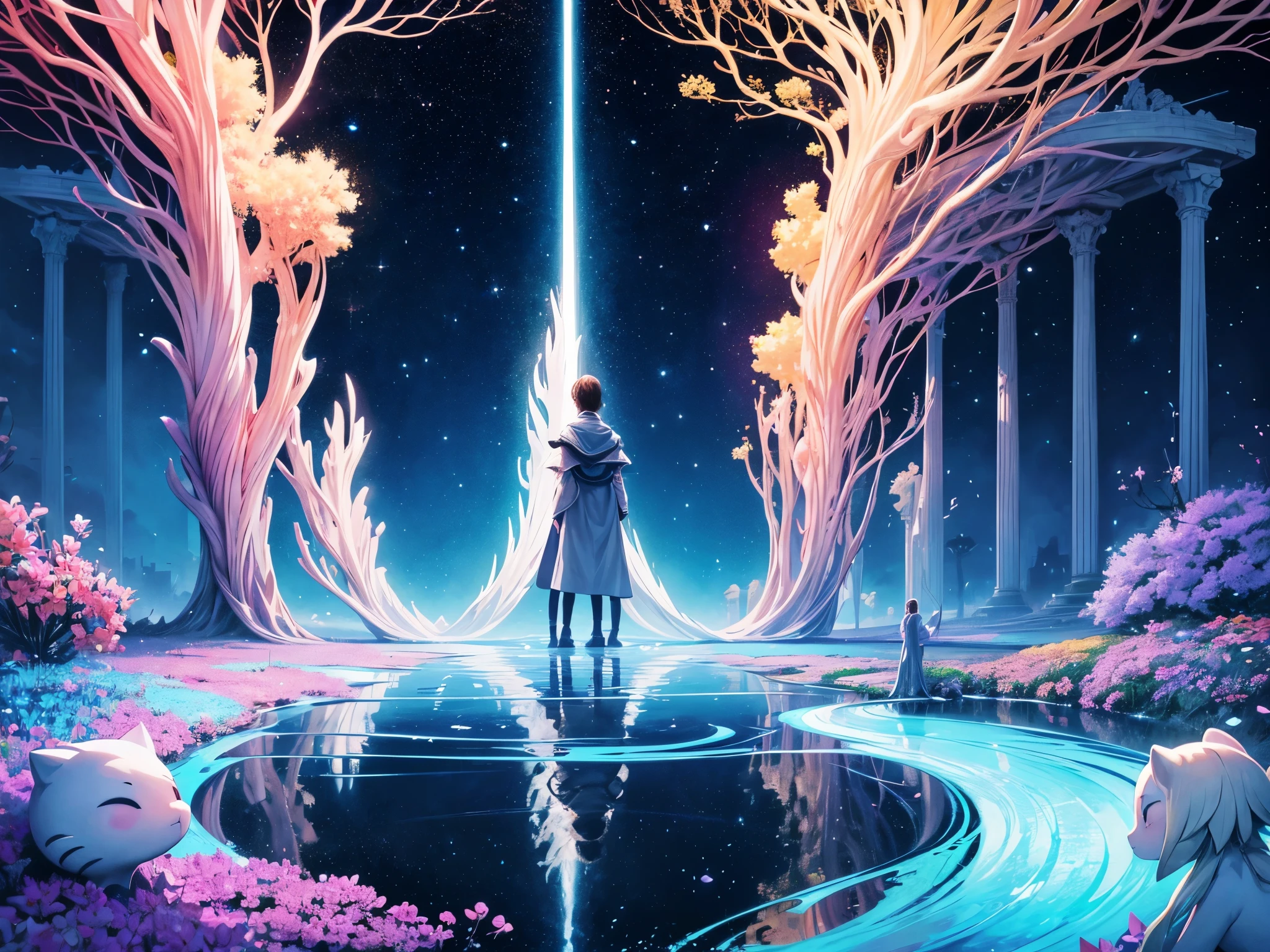 Imagine a surrealist dreamscape where reality intertwines with fantasy, created through advanced artificial intelligence algorithms. Picture a world where gravity defies logic, and objects float effortlessly amidst pastel skies filled with cotton candy clouds. At the center stands a colossal tree with branches adorned with luminous leaves, each containing tiny galaxies spiraling within them. Bioluminescent flowers bloom spontaneously around the base of the tree, casting ethereal shadows onto the ground below.

A river flows nearby, but instead of water, it consists entirely of liquid mirror reflecting fragments of memories and dreams. Curious creatures swim gracefully among the rippling reflections, unaware of their ephemerality. Time seems to bend and twist, allowing moments to merge together seamlessly, blurring the line between yesterday, today, and tomorrow.

In this alternate dimension, thoughts take physical shape, forming whimsical sculptures composed of ideas and emotions. These thought-forms interact playfully with visitors who dare to explore this imaginative realm. Each visitor experiences a unique journey based on their deepest desires and fears, ultimately leading to profound personal revelations about themselves and the universe.