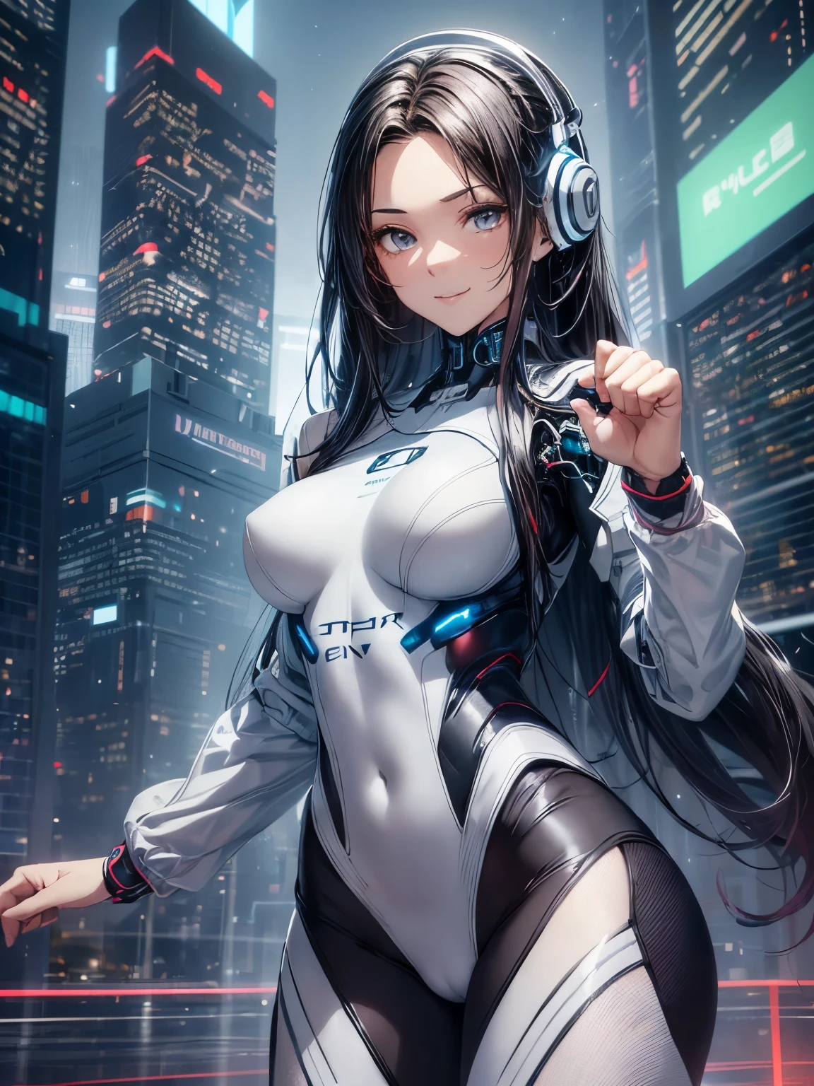 highest quality、complete limbs、full finger、1 beautiful woman、Beauty busty woman:1.3、black haired woman、big smile、((Hairstyle with middle parting:1.3))、straight hair woman、((White Cyber Suit:1.5))、Smooth cyber suit、skyscrapers at night、((fighting stance:1.5))