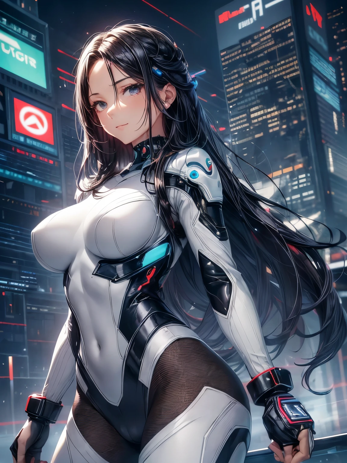highest quality、complete limbs、full finger、1 beautiful woman、Beauty busty woman:1.3、black haired woman、big smile、((Hairstyle with middle parting:1.3))、straight hair woman、((White Cyber Suit:1.5))、Smooth cyber suit、skyscrapers at night、((fighting stance:1.5))