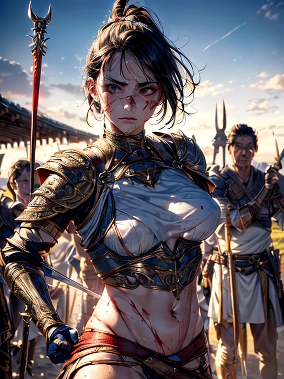 Extremely detailed CG Unity 32K wallpaper, (raw photography, masterpiece, ultra-high definition, highest resolution:1.1), authentic, grotesque, highest quality, (correct anatomy:1.5), (intricately detailed face, extremely realistic skin texture:1.2), professional photo, POV, 1 girl, ((female warrior:1.5)), Japanese , 15 yrom front:1.4), solo, cowboy short, looking at viewer, (oval and slim outline of the face:1.4), black hair, short hair, fairly detailed skin, (sweat, tan:1.3), highly detailed eyes, (bright and dark eyes, tears:1.5), (tall nose:1.4), hyper-realistic nose and lips, expressionless, standing, ((iron armor:1.4)), slender, muscular, beautiful breast, ((wounded, injured, bleeding:1.5)), (((1 spear had pierced the girl’s torso, penetrating injury of the torso:1.5))), (((bleeding from the injury, bloody, gore:1.4))), (((holding 1 sword in right hand:1.3))), (((outdoor, medieval era, battlefield, vandalized village of Asia:1.2))), (curvy outline of female body, perfect body proportion:1.3), sharp focus, depth of field, cinematic lighting, fairly detailed limbs, (perfect anatomy of the limbs:1.4), highly detailed hands, (correct anatomy of the hands:1.5),