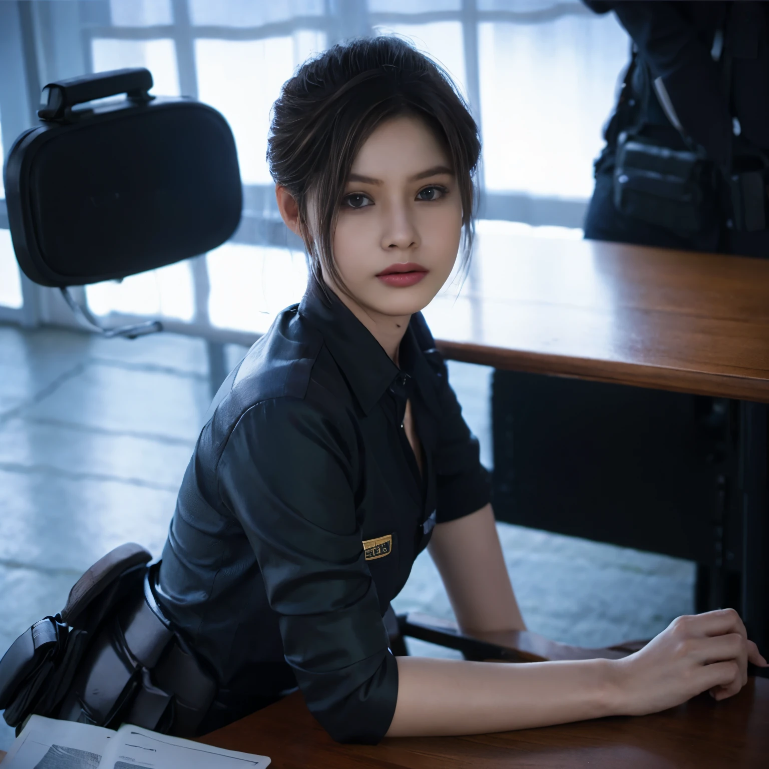  girl with medium length black hair, children's pigtails hair, Asian facial structure, crying, she wearing a tight bussines suit, dog collar, visible nipples, marked nipples, she in office, sitting in a couch, spreading her legs, 