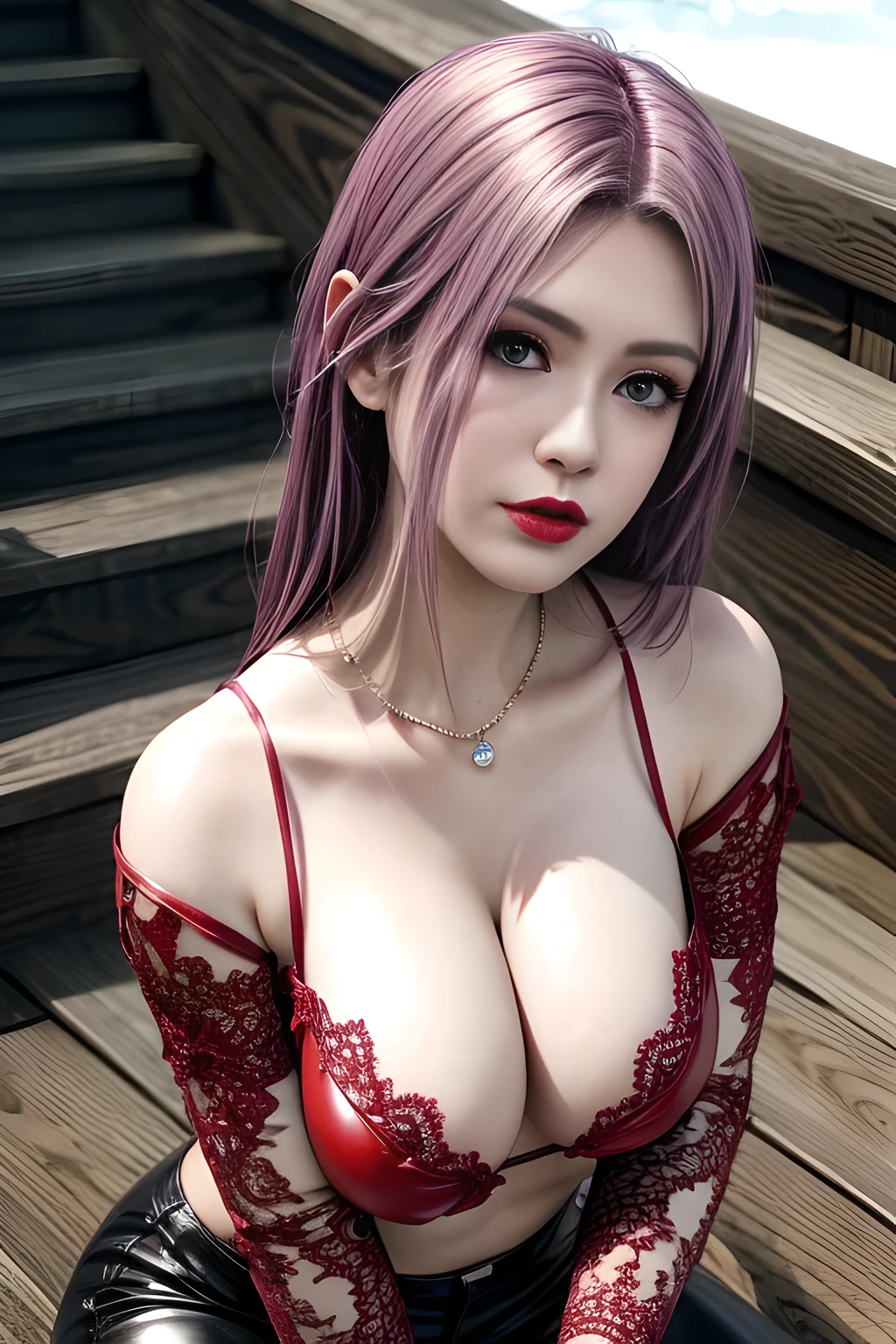 1 girl,Alice,(Dress in colorful,lace , leather pants, leather jacket,),(Rose),go downstairs,jewelry,tattoo,(((red lips))), Lips slightly open, lustful smile, lustful, clavicle,charming figure,huge breasts,Charming cleavage,((8k, original photo, top quality, masterpiece), HD RAW color photos professional close-up photos, (actual, photorealism: 1.37), (best quality), (best shade), ((erotic, Sexy, ultra high resolution, HD CG unified 8K wallpaper, Physically based rendering, movie lighting),