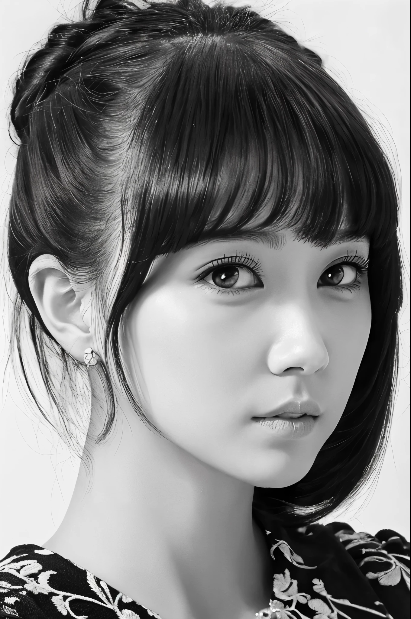 (best quality,ultra-detailed,realistic),(portraits),(black and white),(soft lighting),(Japanese beautiful face),(detailed facial features),(white background),(line drawing),anatomy correct, alone in a photo