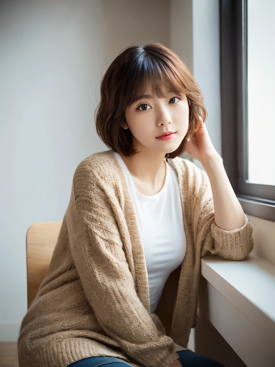 ((masutepiece,top-quality)), (photographrealistic:1.4),((masutepiece,8K)),hight resolution,Studio Soft Light, Rim Lights, vibrant detail, realistic skin textures,Japanese, 1 beautiful woman, Short hair, Wave hair, faint thin bangs, make - up, 38 years, Detailed skin, cardigan, wide-leg pants, White background, White Room,white walls, fully body photo, Looking at Viewer