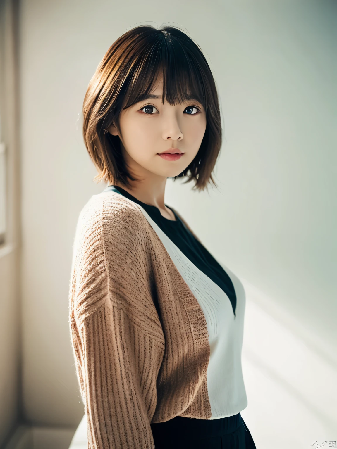 ((masutepiece,top-quality)), (photographrealistic:1.4),((masutepiece,8K)),hight resolution,Studio Soft Light, Rim Lights, vibrant detail, realistic skin textures,Japanese, 1 beautiful woman, Short hair, Wave hair, faint thin bangs, make - up, 38 years, Detailed skin, cardigan, wide-leg pants, White background, White Room,white walls, fully body photo, Looking at Viewer