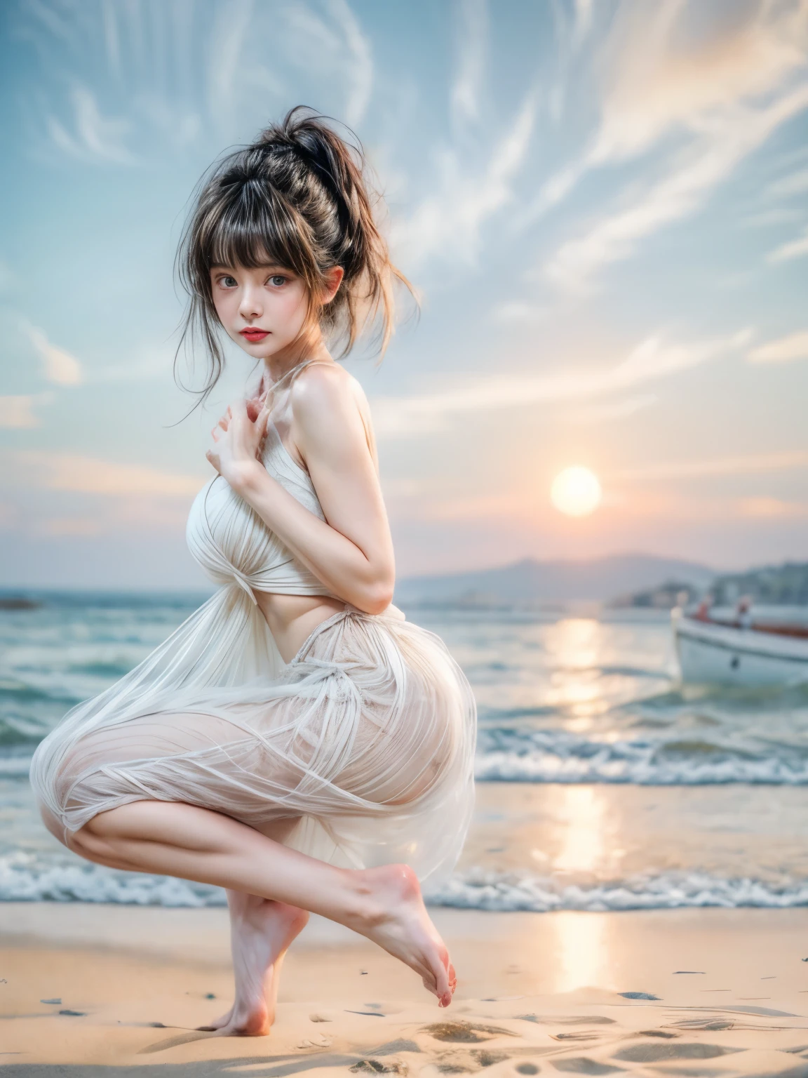 masterpiece、8K、32K、highest quality、(fine eyes)、(cute japanese woman、bangs:1.3)、23 years old、1 girl、elegant、(beach:1.3)、evening、orange sky、(huge cleavage:1.2)、sit、(black hair:1.2)