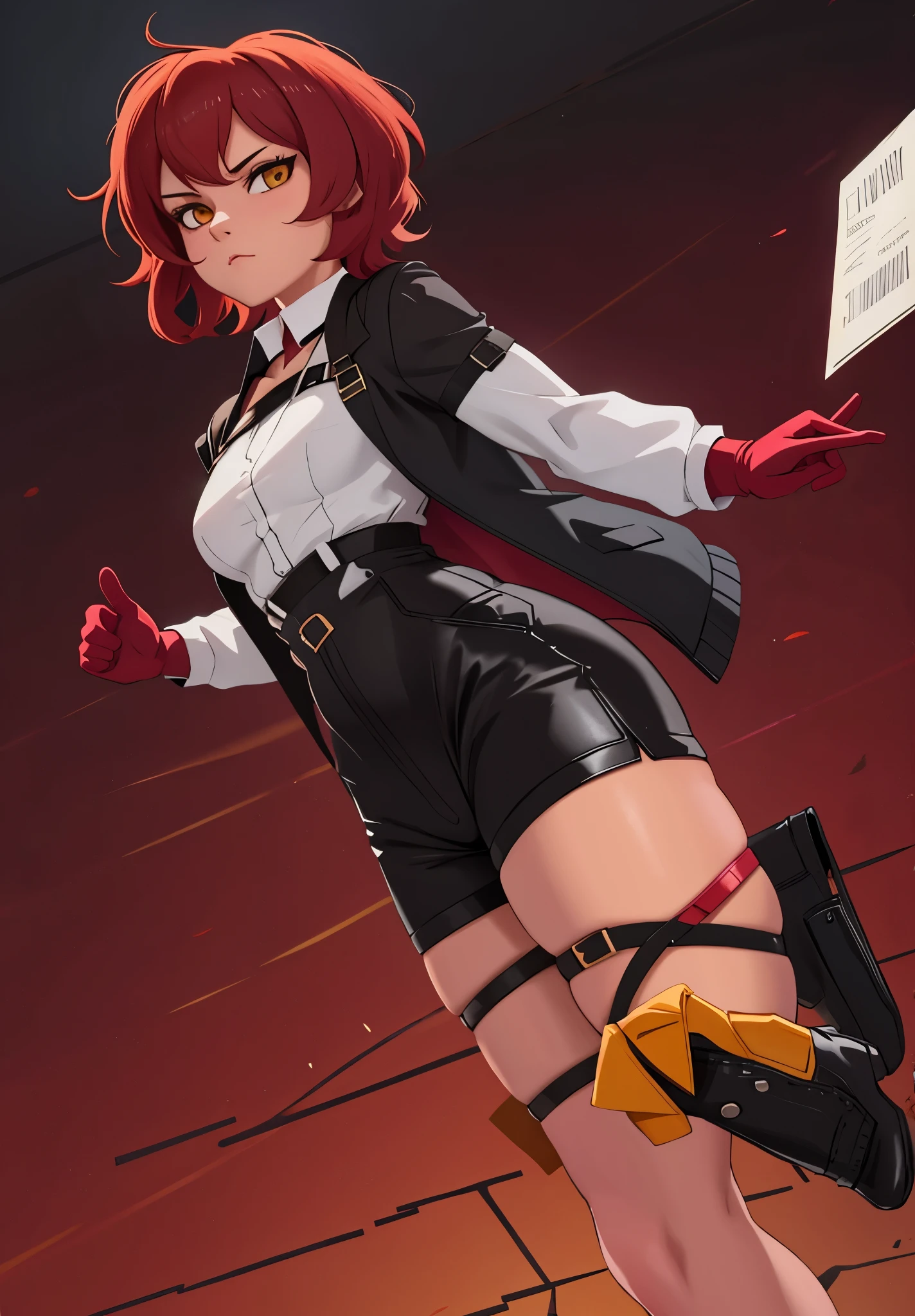 1girl, young woman, solo, short hair, Small  hair, (forehead:1.2), yellow eyes, sharp ocular posture, (scarlet red hair), light brown skin tone, Athletic, muscular, medium breasts, (cropped jacket, black jacket), white shirt, collared shirt, (chest harness, shoulder strap:1.15), black leather shorts, pantyhose 7/8, garter belt, gloves, elegant, looking at viewer, standing, masterpiece, best quality, 4k