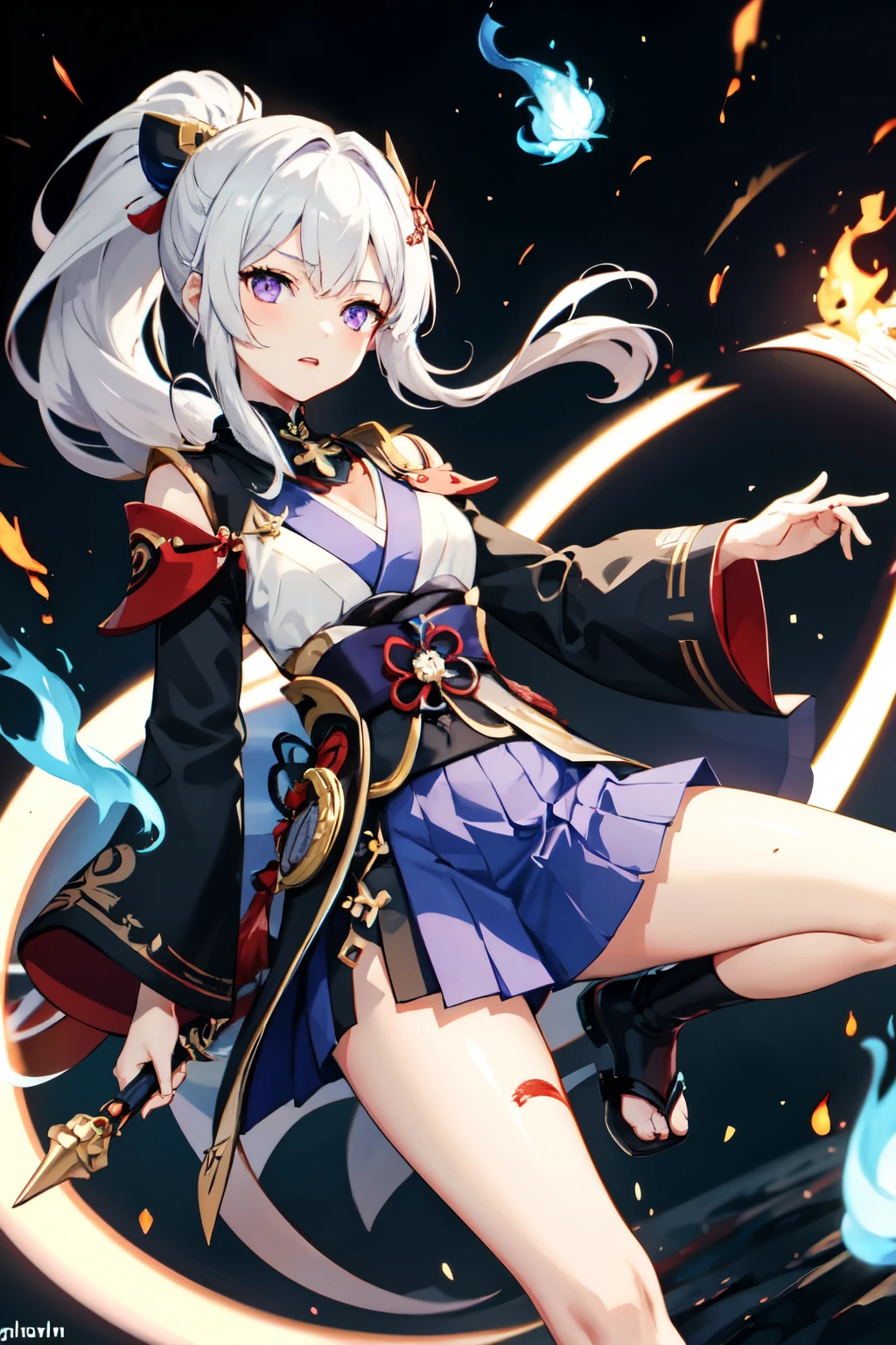 1 girl, japanese clothes, ponytail ,white hair, purple eyes, magic circle, blue flame, blue flame, wallpaper, landscape, Blood, Blood splatter, depth of field, night, light particles, light, side light, thigh, destiny \(series\), Genshin Impact, open jacket, skirt, Raise your legs high, cloud
