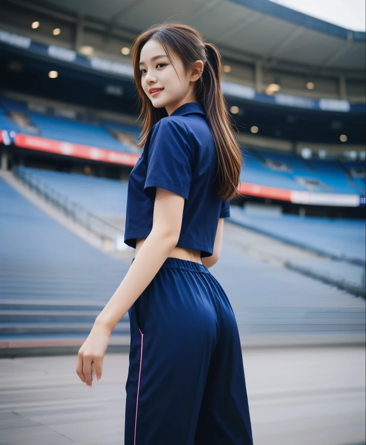 (best quality,10,10,height,Masterpiece:1.2),Very detailed,(realistic,ภาพrealistic,Realistic photos:1.37),1 cute girl on the football field,Shiny, shiny skin,only,smile softly,BDclothelue shirt:1.3)),short sleeve,shirt, กางเกงขาlong.,(navy_long_ติดตามกางเกงขาlong:1.1), ((stadium background:1.3)),Dynamic angle,excited,Face focus,dynamic poses,from behind,Focus on the ass.,Masterpiece, best quality, ultra realistic, hyper detail, 8k resolution, raw photos, Sharp focus, ((Navy blue shirt:1.1)), short sleeve, เส้นทางlong, perfect bodyแบบ, 2 mature women, 18 years old, Cinema-grade lighting,กางเกงขาlongวอร์มสีน้ําเงิน,gym wear,correct anatomy,perfect body, correct body, Sharp face, correct bodyทางกายวิภาค, full body, realistic gestures, long-haired, realistic ,ช่วงขาlong,fit,sculpted girl, Slender figure, mannequin, fit, beautiful body,Blue sweatpants, กางเกงวอร์มขาlong