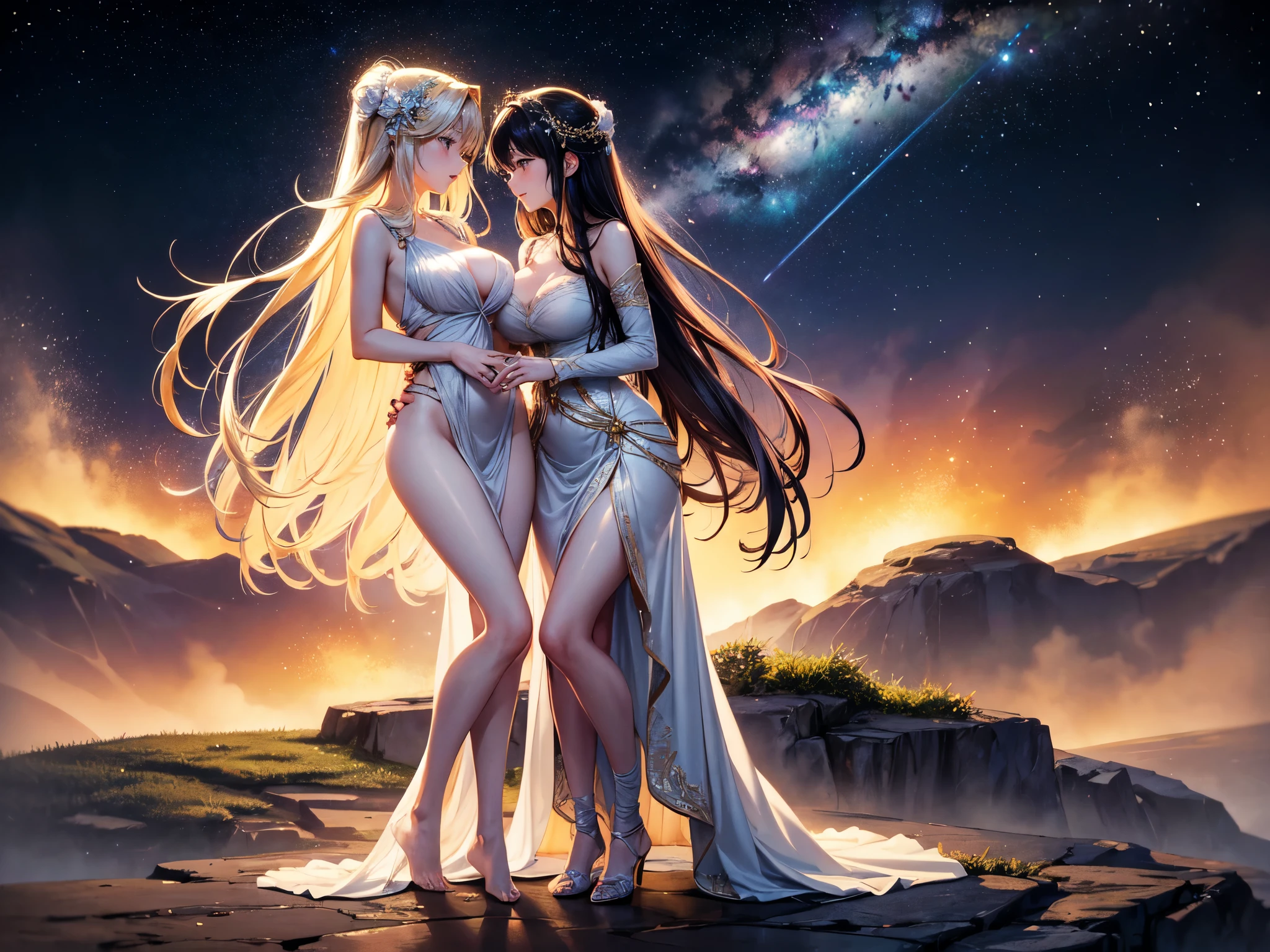 Design a sensual and intimate portrait of two lovers embracing passionately under starlight. Their bodies entwine softly, expressing genuine affection and connection. Delicate tendrils of golden light emanate from their touch points, symbolizing the warmth and intensity of their bond. Surrounding them is a celestial landscape filled with swirling galaxies, planets, and constellations, representing the vastness and mystery of love. Utilize subtle color gradients and soft focus techniques to evoke emotion and intimacy without crossing into explicit territory. (full body:1.5), enormous tits