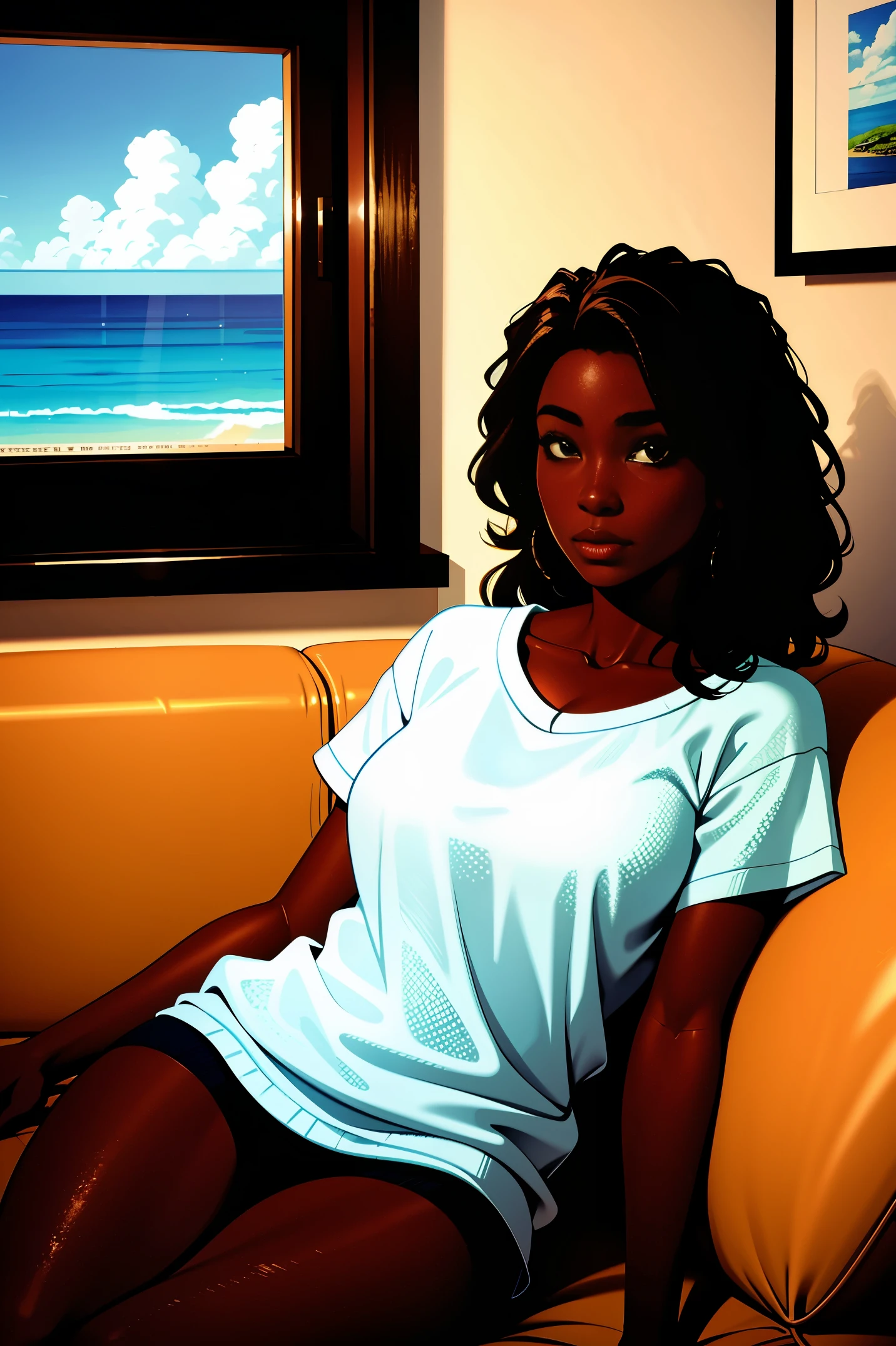 There is a woman sitting on a couch in front of a window - SeaArt AI