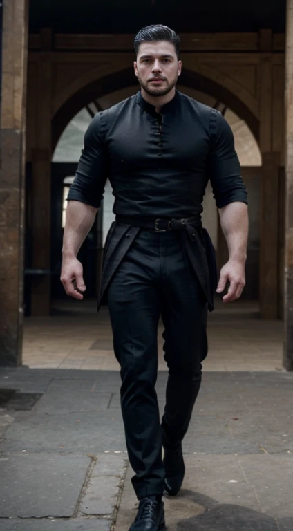 Jon snow ,, lower taper fade haircut, black hair, blue eyes fixed, affiliated features, no facial hair, height 1.93, weight 100 kg, aesthetic muscular build, broad shoulders, V-shaped body, full body focus, completely hairless,