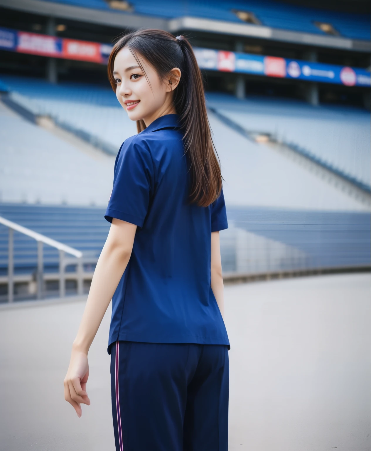 (best quality,10,10,height,Masterpiece:1.2),very detailed,(realistic,ภาพrealistic,Realistic photos:1.37),1 cute girl on the football field,shiny, ผิวshiny,only,smile softly,BDclothelue shirt:1.3)),short sleeve,shirt, กางเกงขาlong.,(navy_long_ติดตามกางเกงขาlong:1.1), ((stadium background:1.3)),Dynamic angle,excited,Face focus,dynamic poses,from behind,Focus on the ass.,Masterpiece, best quality, ultra realistic, very detailedเกินไป, 8k resolution, raw photos, Sharp focus, ((Navy blue shirt:1.1)), short sleeve, เส้นทางlong, perfect bodyแบบ, 2 mature women, 18 years old, Cinema-grade lighting system ,กางเกงขาlongวอร์มสีน้ําเงิน,shirtผ้าออกกำลังกาย,correct anatomy,perfect body, correct body, Sharp face, correct bodyทางกายวิภาค, full body, realistic gestures, long-haired, realistic , Blue sweatpants, กางเกงวอร์มขาlong