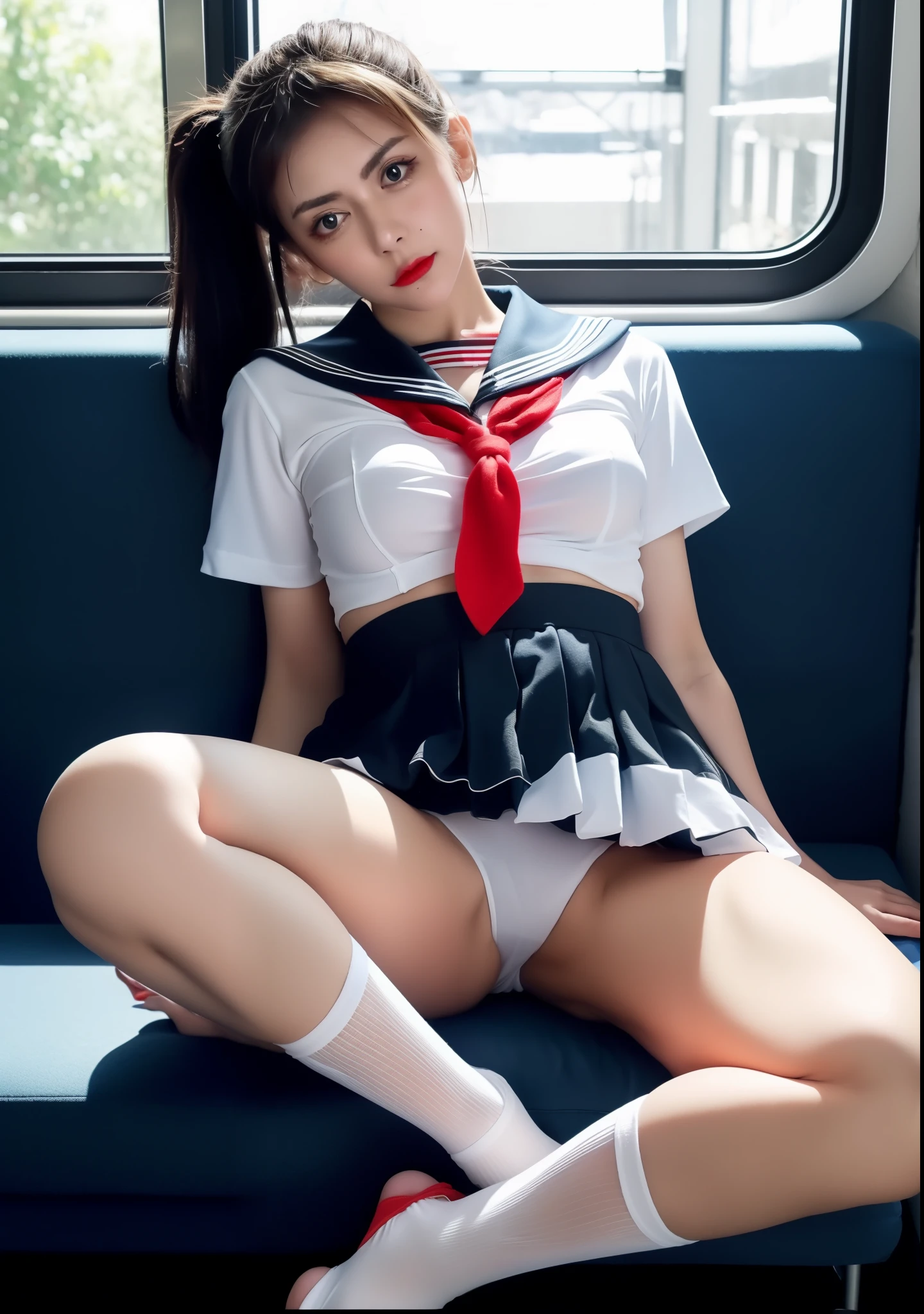Raw photo、At 32K、8K、sexy woman in red sailor bikini、Full body Esbian、choker、black hair twintails