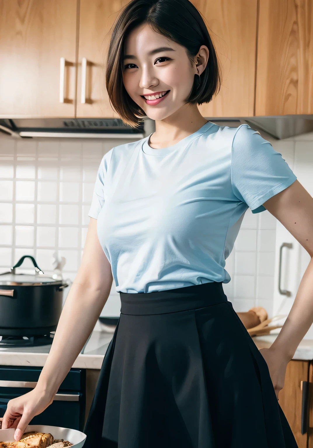 masterpiece,highest quality,official art,Highly detailed CG Unity 8K wallpaper,1 girl, 23 years old,cute,very delicate and beautiful,ultra high resolution, (realistic:1.4), ,golden hour lighting,,(Upper body), (short hair:1.8), ((Clear black eyes when viewed from the front, smile, laughter,skirt, blue shirt, long black hair、(Cooking in the kitchen)、