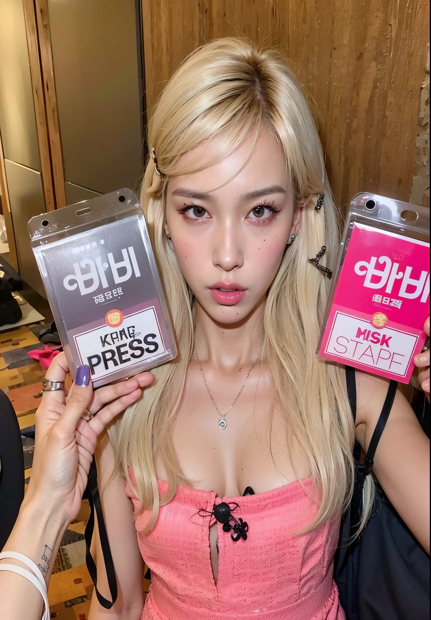 blond woman with pink dress holding up two packages of hair products, roseanne park of blackpink, press, cl, jossi of blackpink, lalisa manoban of blackpink, ava max, kda, lalisa manobal, portrait of kim petras, full image, tpose, korean idol, popular south korean makeup, kim doyoung, jeon somi, somi jeon, SOMI, blonde somi, beautiful eyes, rossy lips, long manga eyelashes