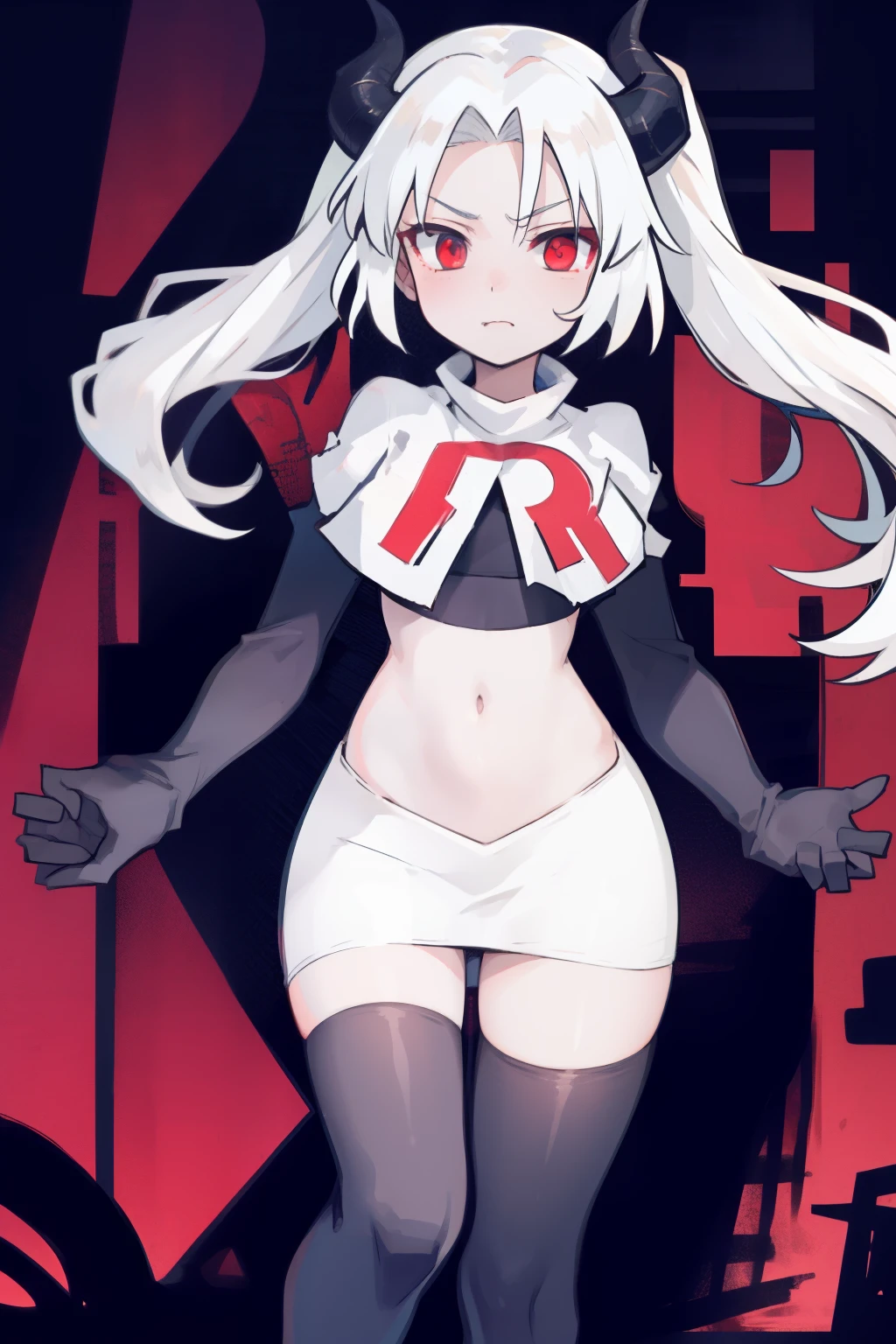 masterpiece, best quality, red eyes, white hair, twintails,ahoge,black hair ribbons,demon horns, demon tail,team rocket,team rocket uniform,white skirt,red letter R,crop top,black thigh-highs,black elbow gloves, comic strip