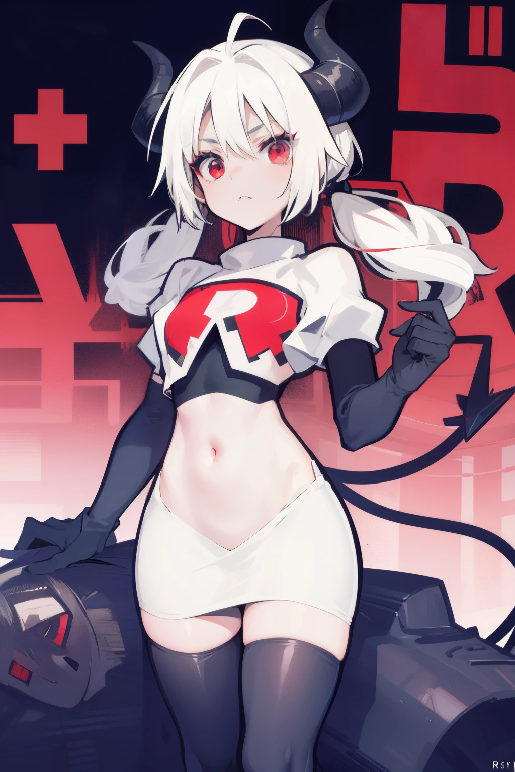 masterpiece, best quality, red eyes, white hair, twintails,ahoge,black hair ribbons,demon horns, demon tail,team rocket,team rocket uniform,white skirt,red letter R,crop top,black thigh-highs,black elbow gloves, comic strip